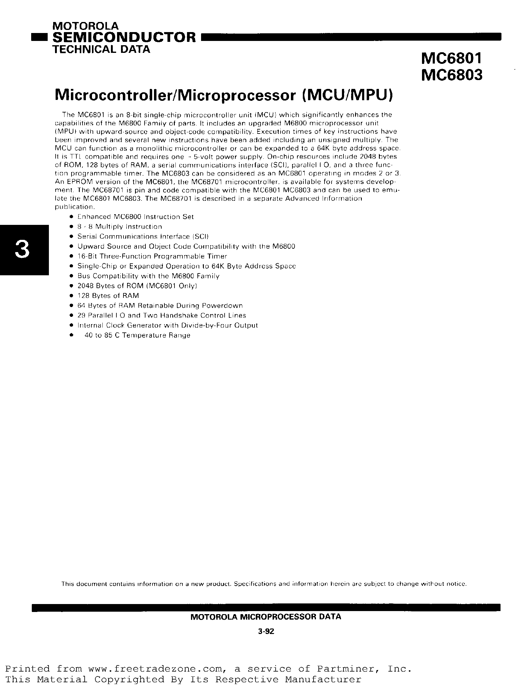 Datasheet MC6803 - (MC6801) Microcontroller / Microprocessor page 1