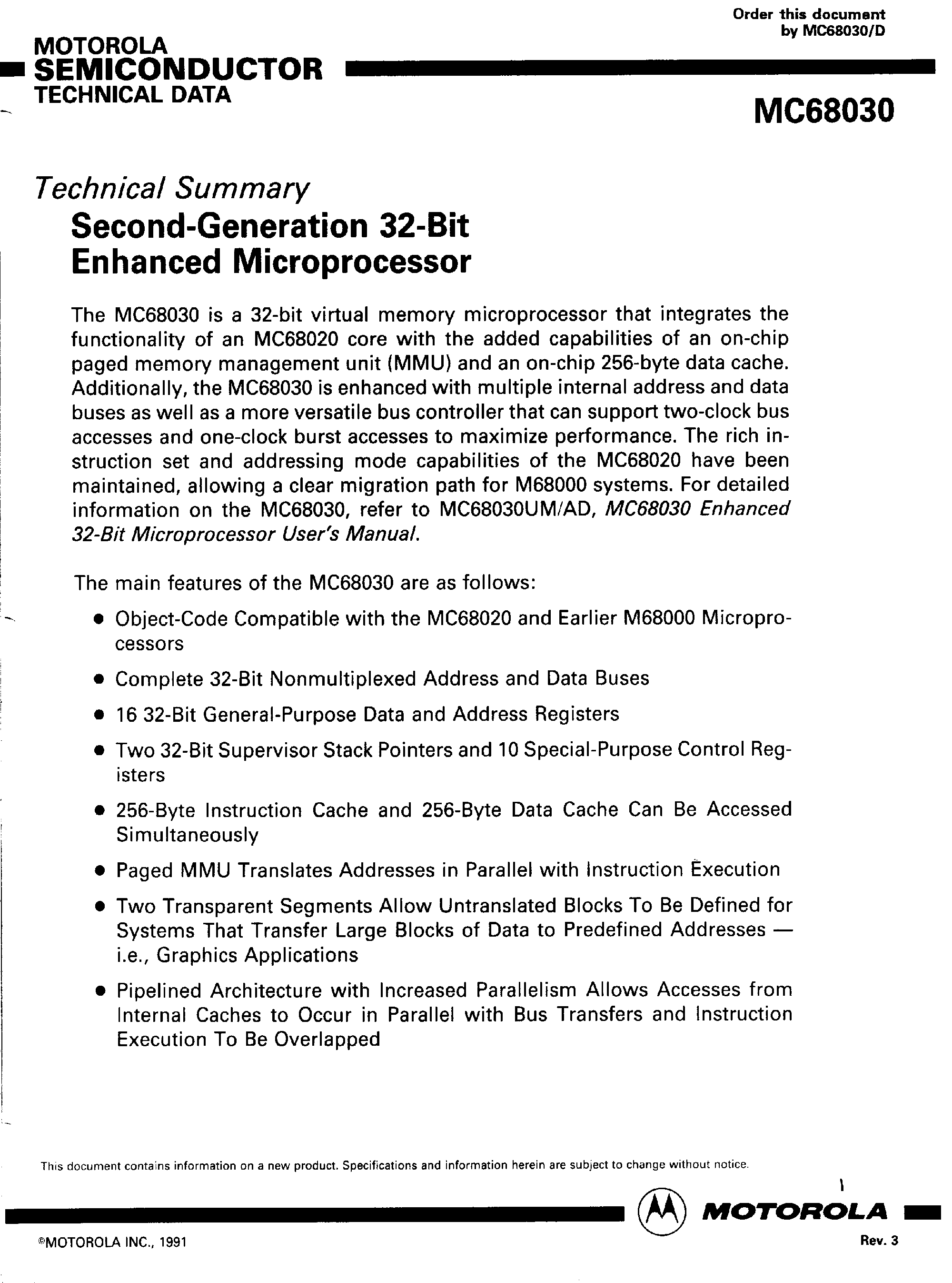 Datasheet MC68030 - Second-Generation 32 Bit Enhanced Microprocessor page 1