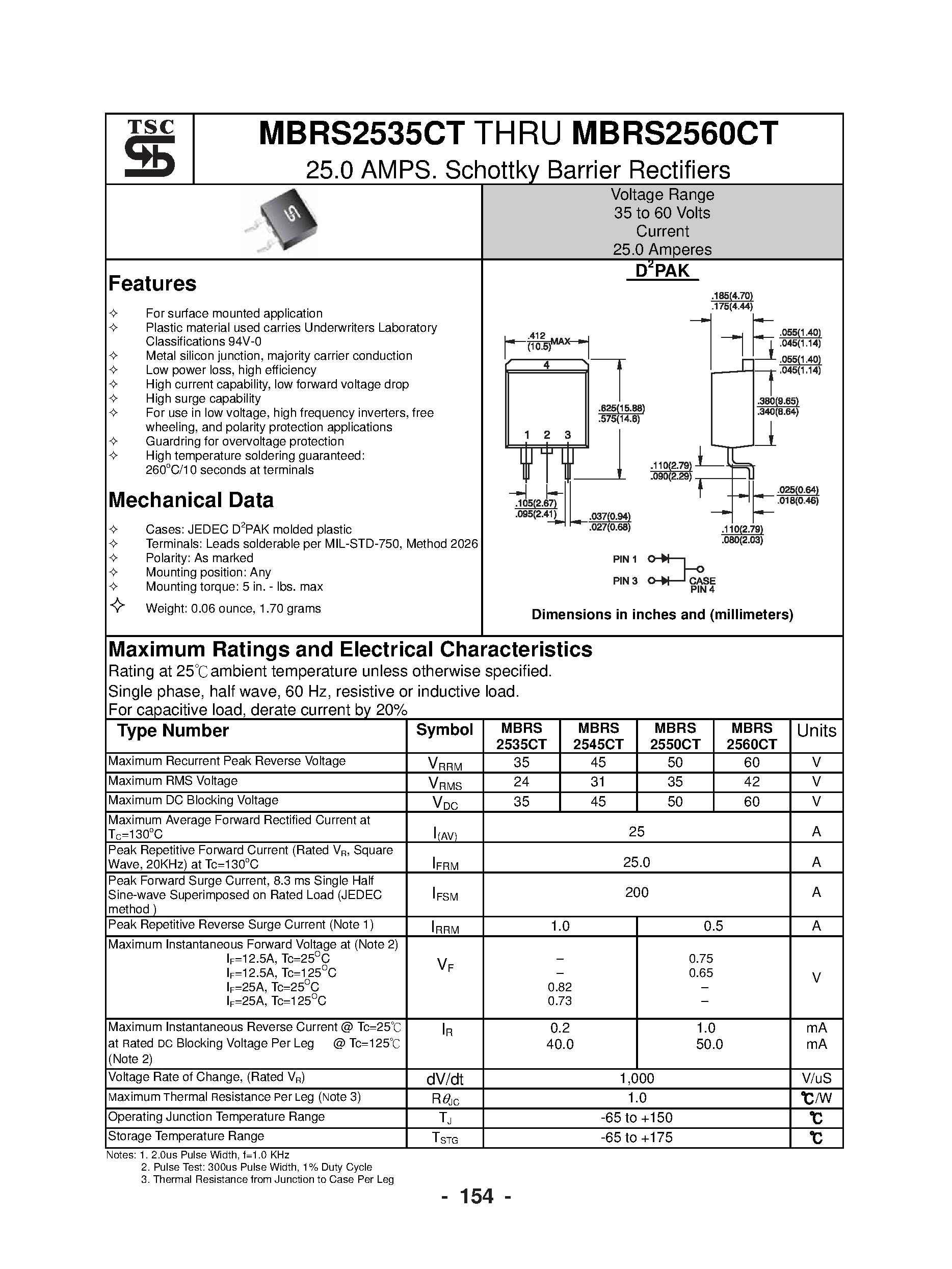 Datasheet MBRS2535CT - (MBRS2535CT - MBRS2560CT) 25.0 AMPS / Schottky Barrier Rectifiers page 1