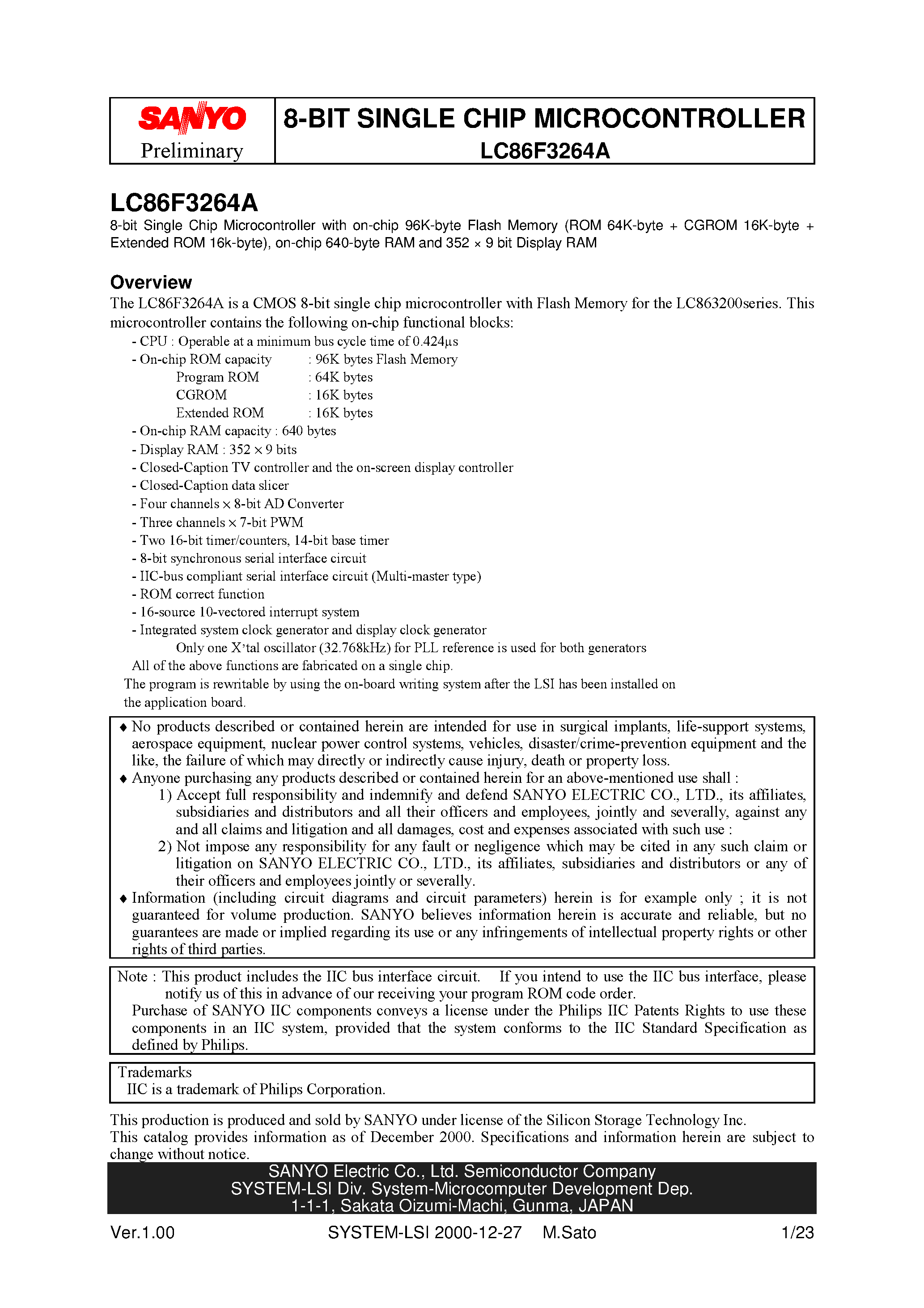 Datasheet LC86F3264A - 8 Bit Single Chip Microcontroller page 1