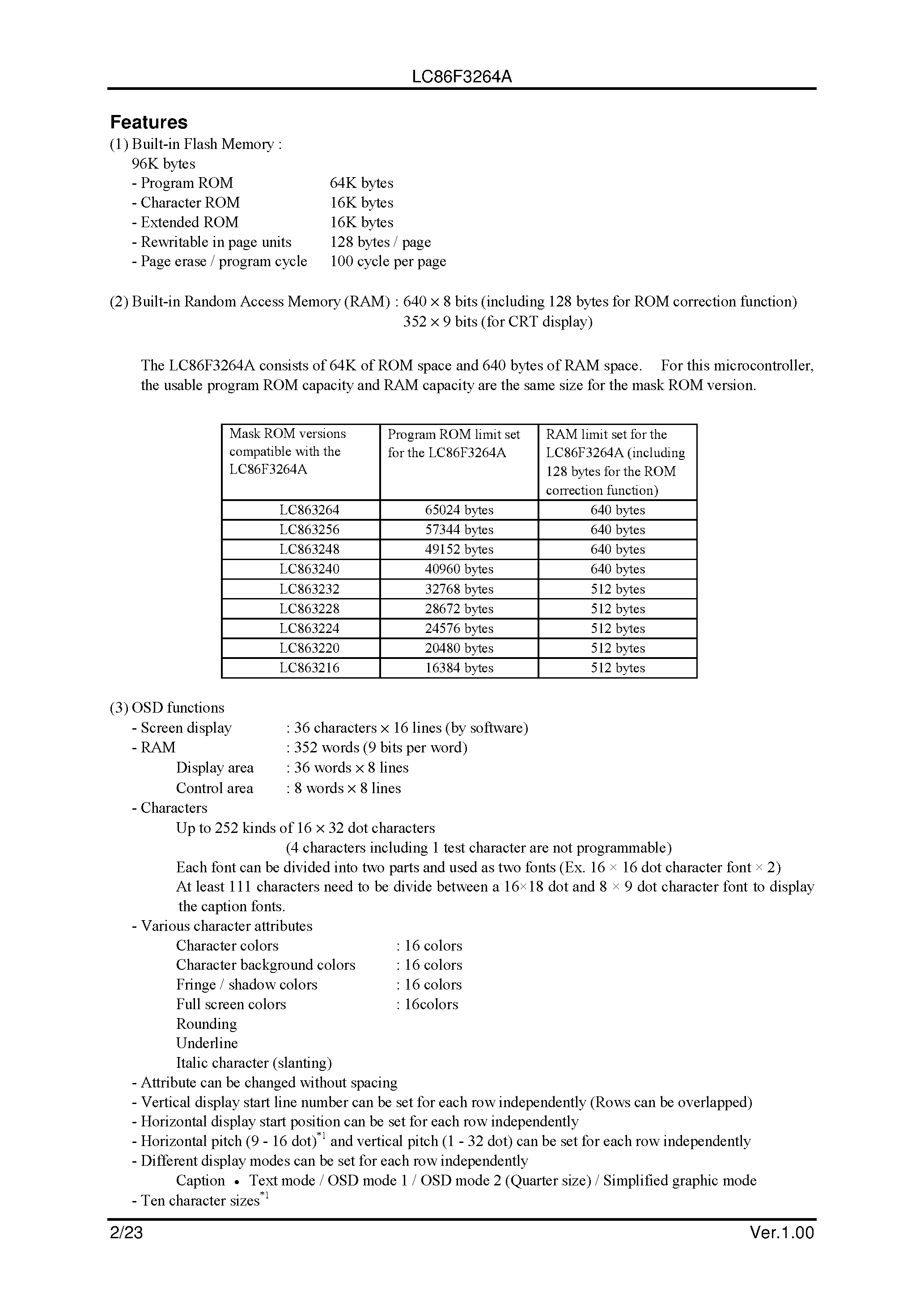 Datasheet LC86F3264A - 8 Bit Single Chip Microcontroller page 2