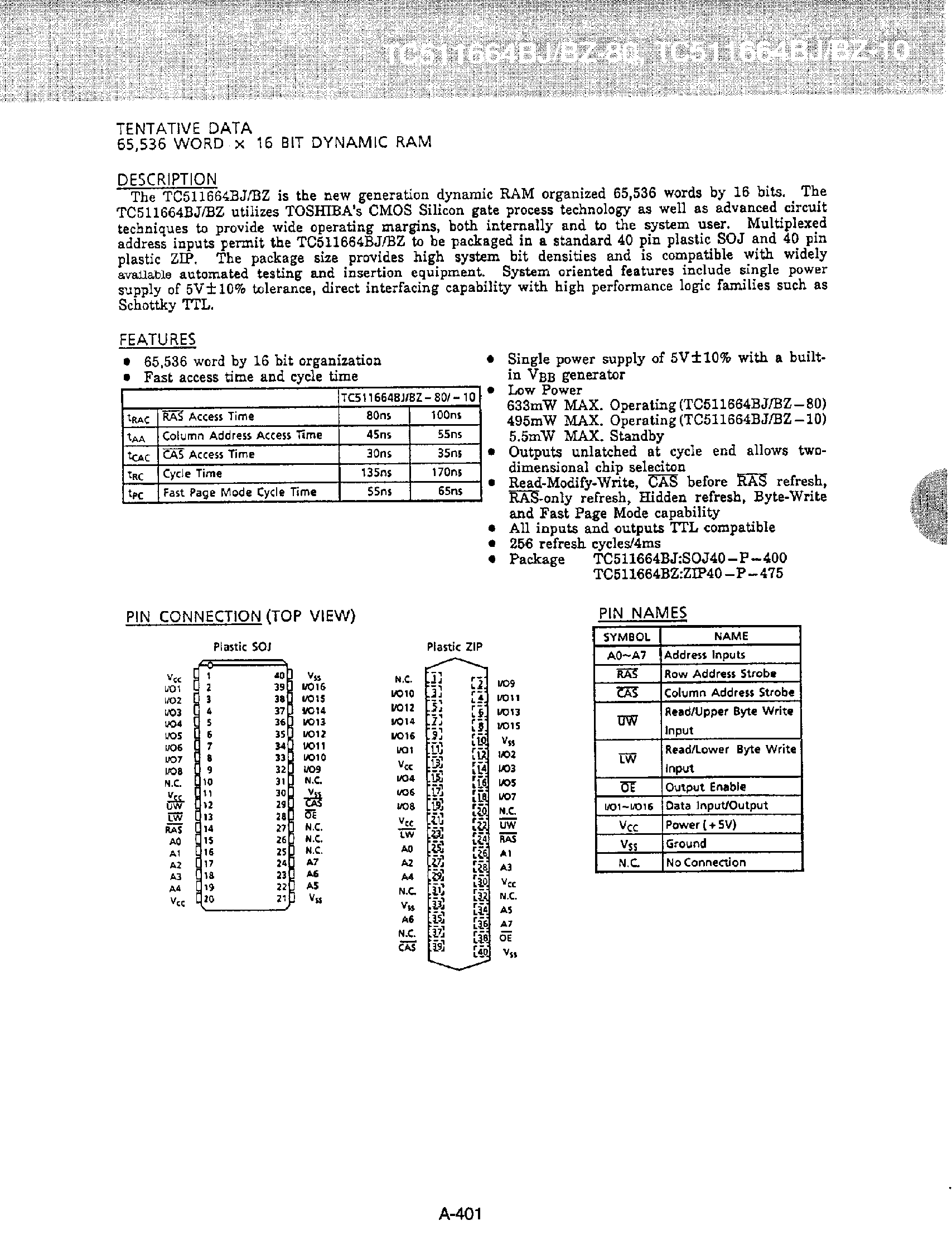 Даташит на микросхему TC511664B страница 1 Даташит TC511664B - 65536 word x 16 bit DRAM страница 1