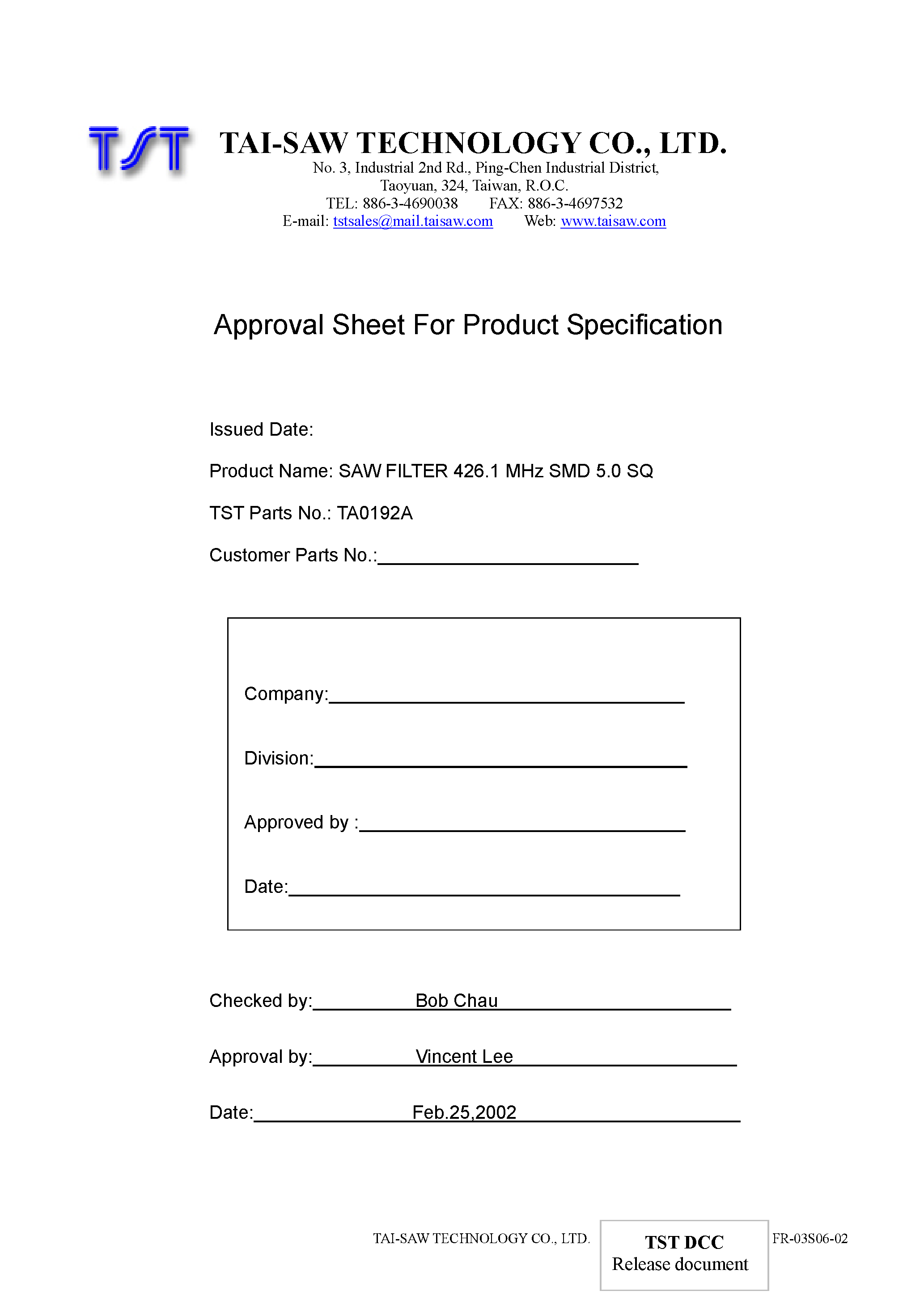 Datasheet TA0192A - SAW Filter 426.1 Mhz SMD 5.0 SQ page 1