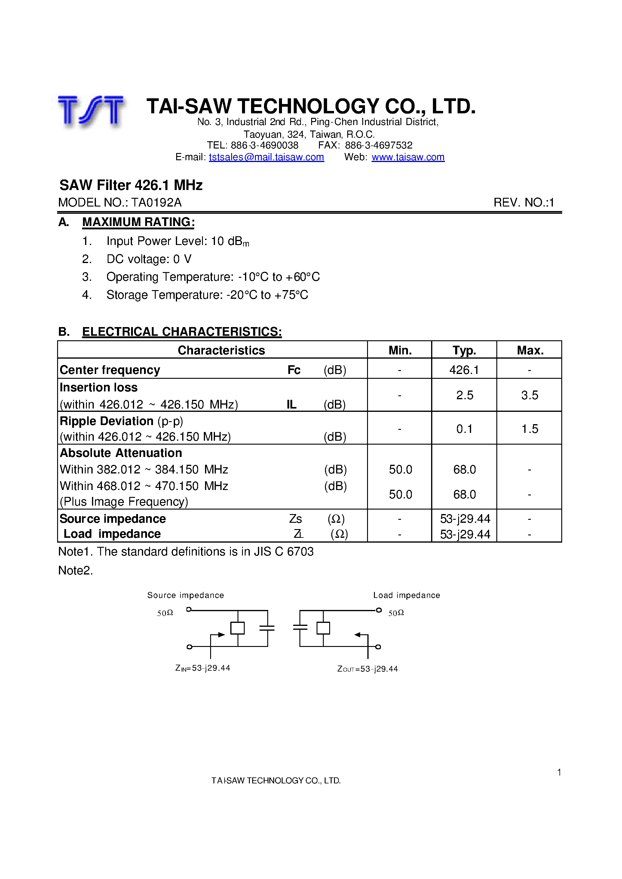 Datasheet TA0192A - SAW Filter 426.1 Mhz SMD 5.0 SQ page 2
