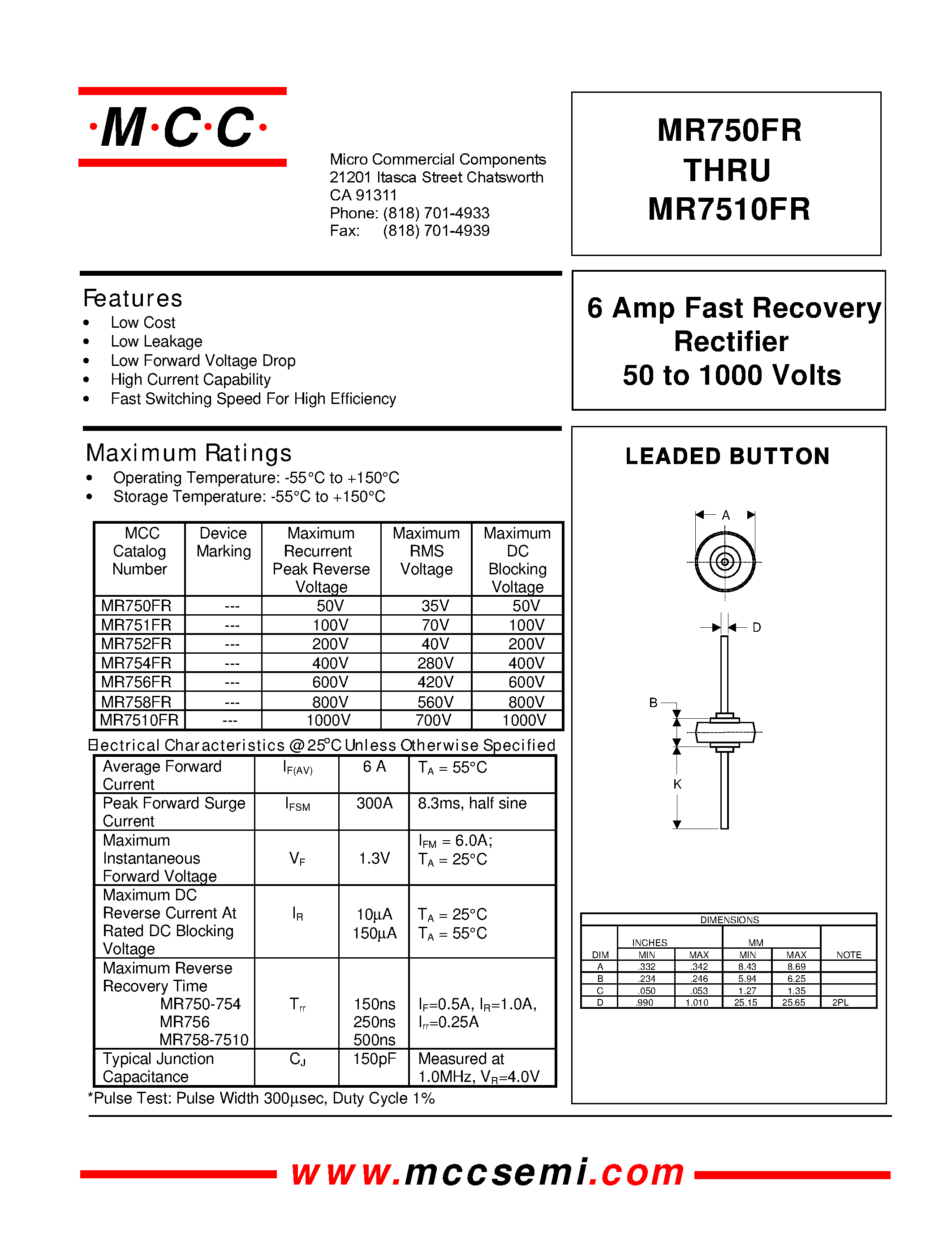 Datasheet MR756FR - (MR750FR - MR7510FR) 6 Amp Fast Recovery Rectifier 50 to 1000 Volts page 1