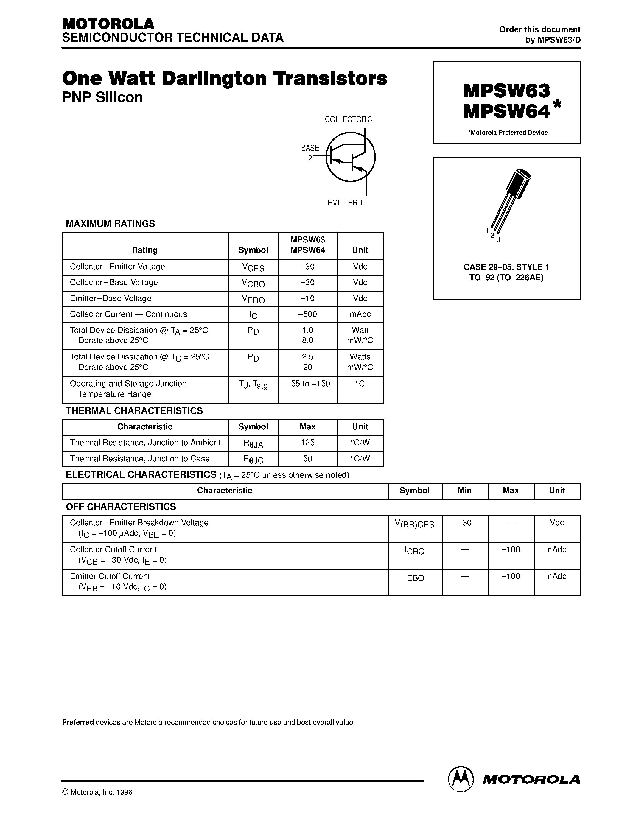 Datasheet MPSW64 page 1 Datasheet MPSW64 - One Watt Darlington Transistors page 1