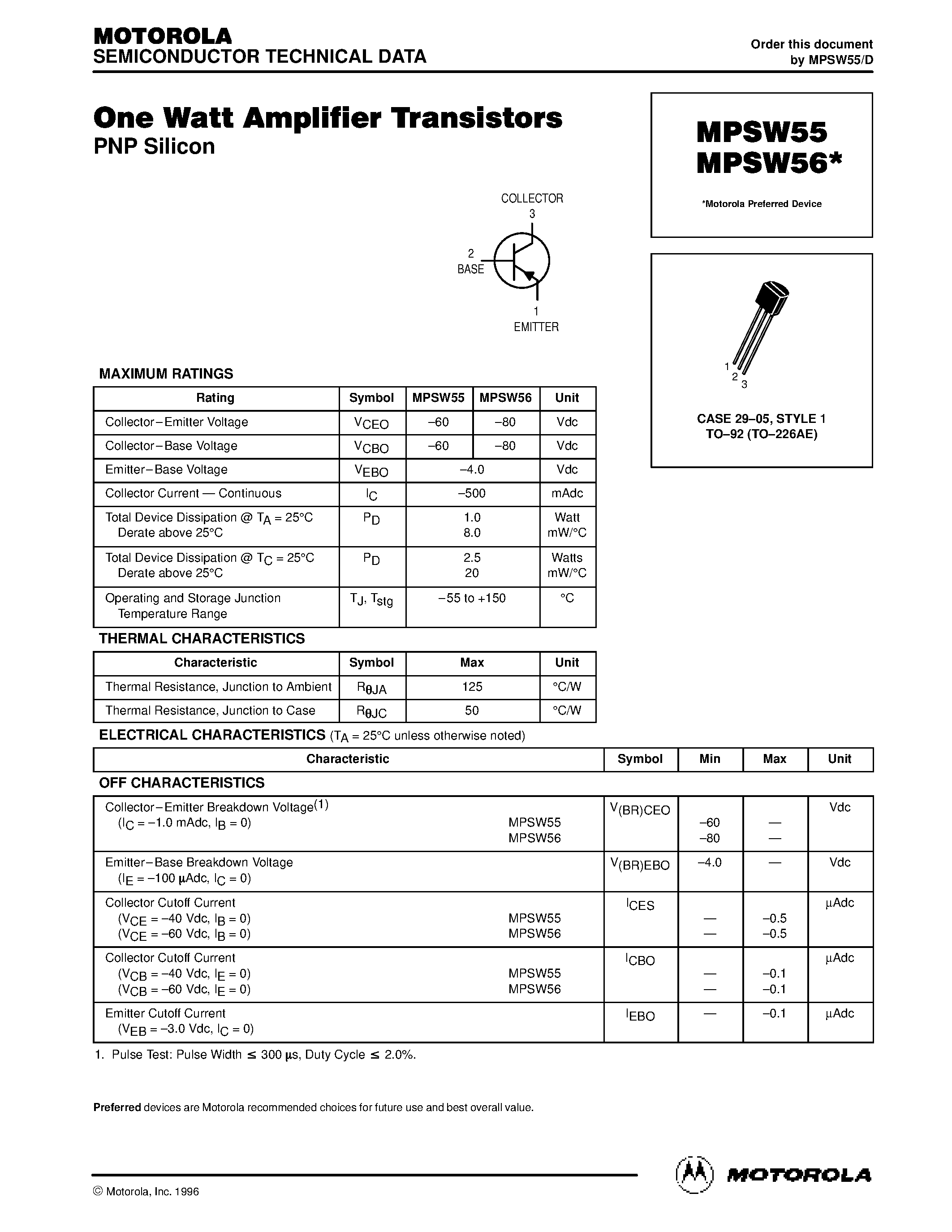Datasheet MPSW55 - One Watt Amplifier Transistors page 1