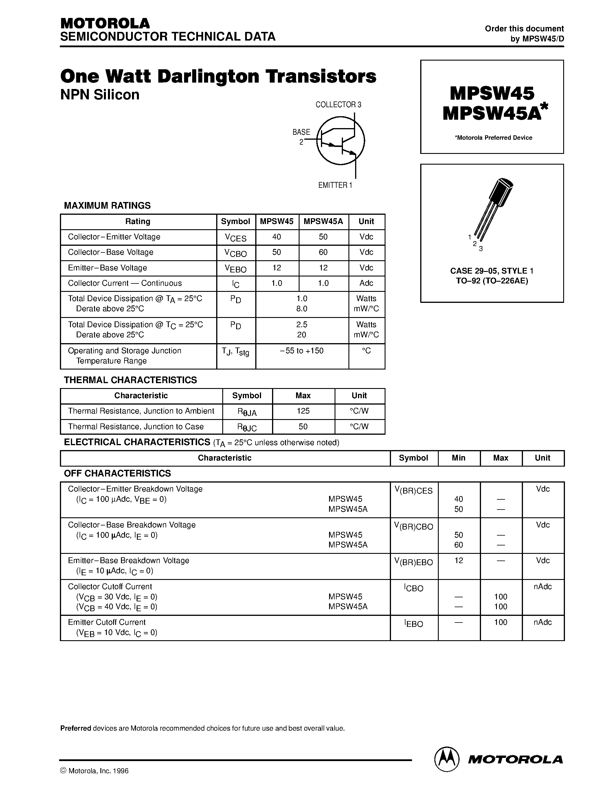 Datasheet MPSW45 page 1 Datasheet MPSW45 - One Watt Darlington Transistors page 1