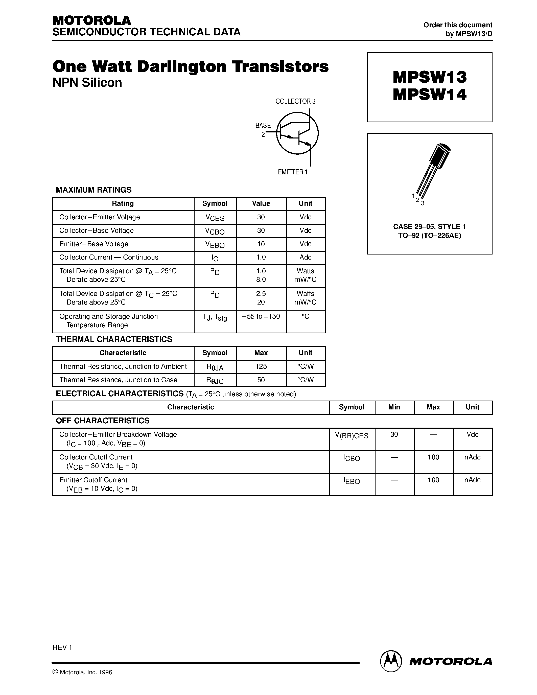 Datasheet MPSW14 - One Watt Darlington Transistors page 1