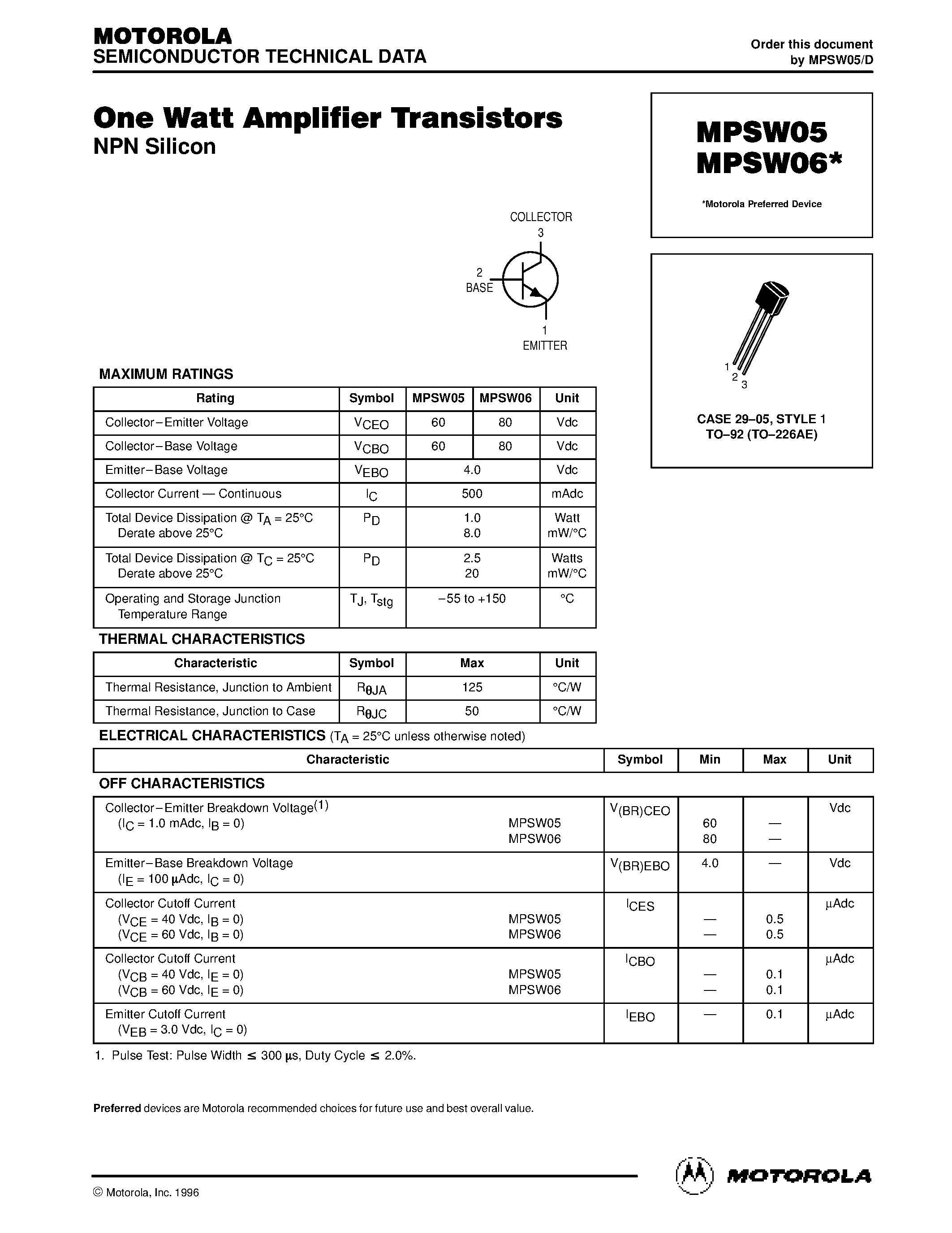 Datasheet MPSW06 - One Watt Amplifier Transistors page 1