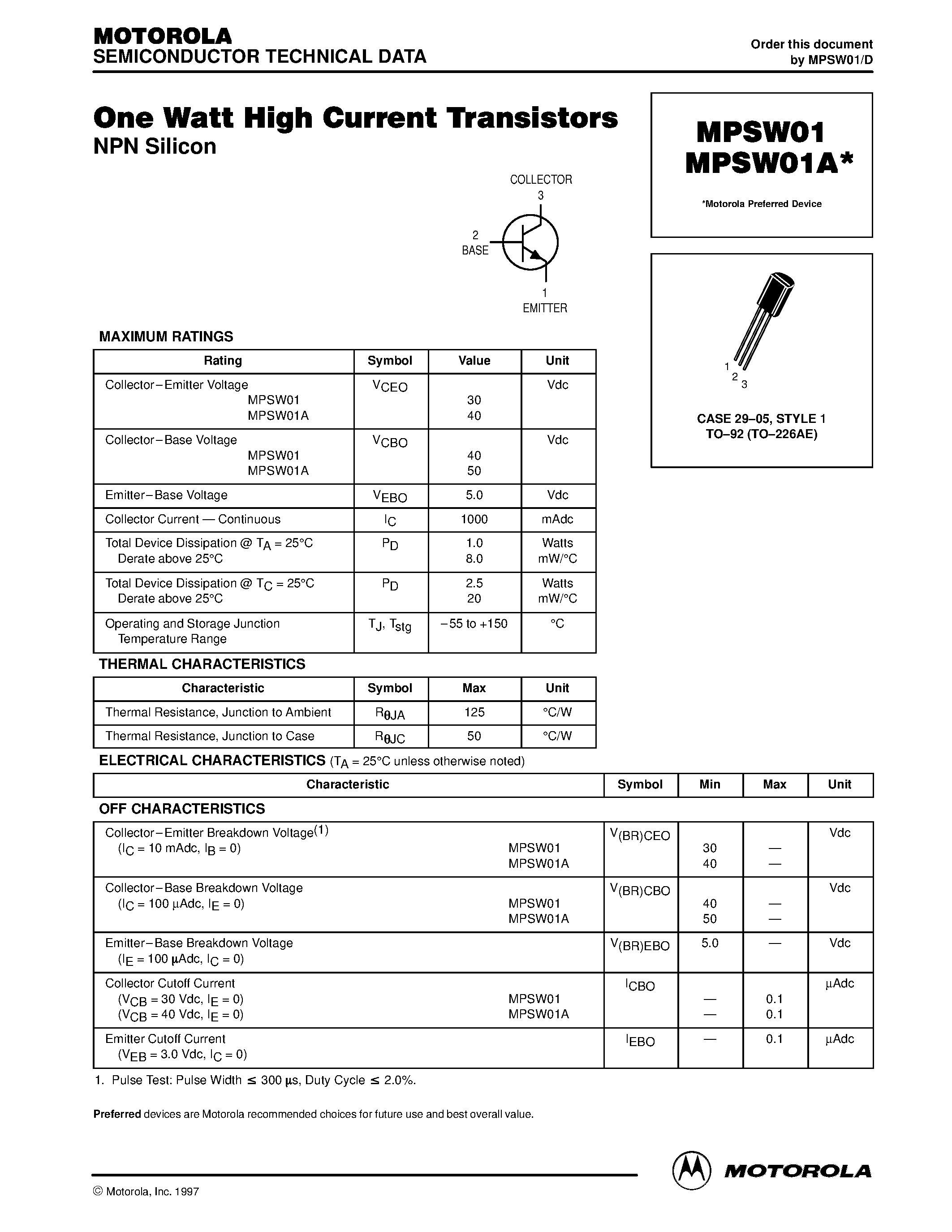 Datasheet MPSW01 - One Watt High Current Transistors page 1