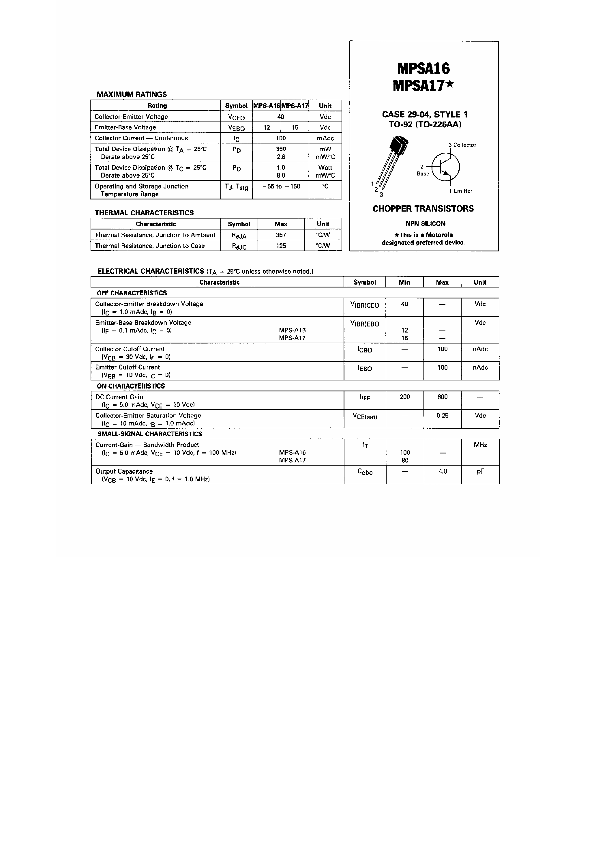 Datasheet MPSA16 page 1 Datasheet MPSA16 - (MPSA17) Chopper Transistors page 1
