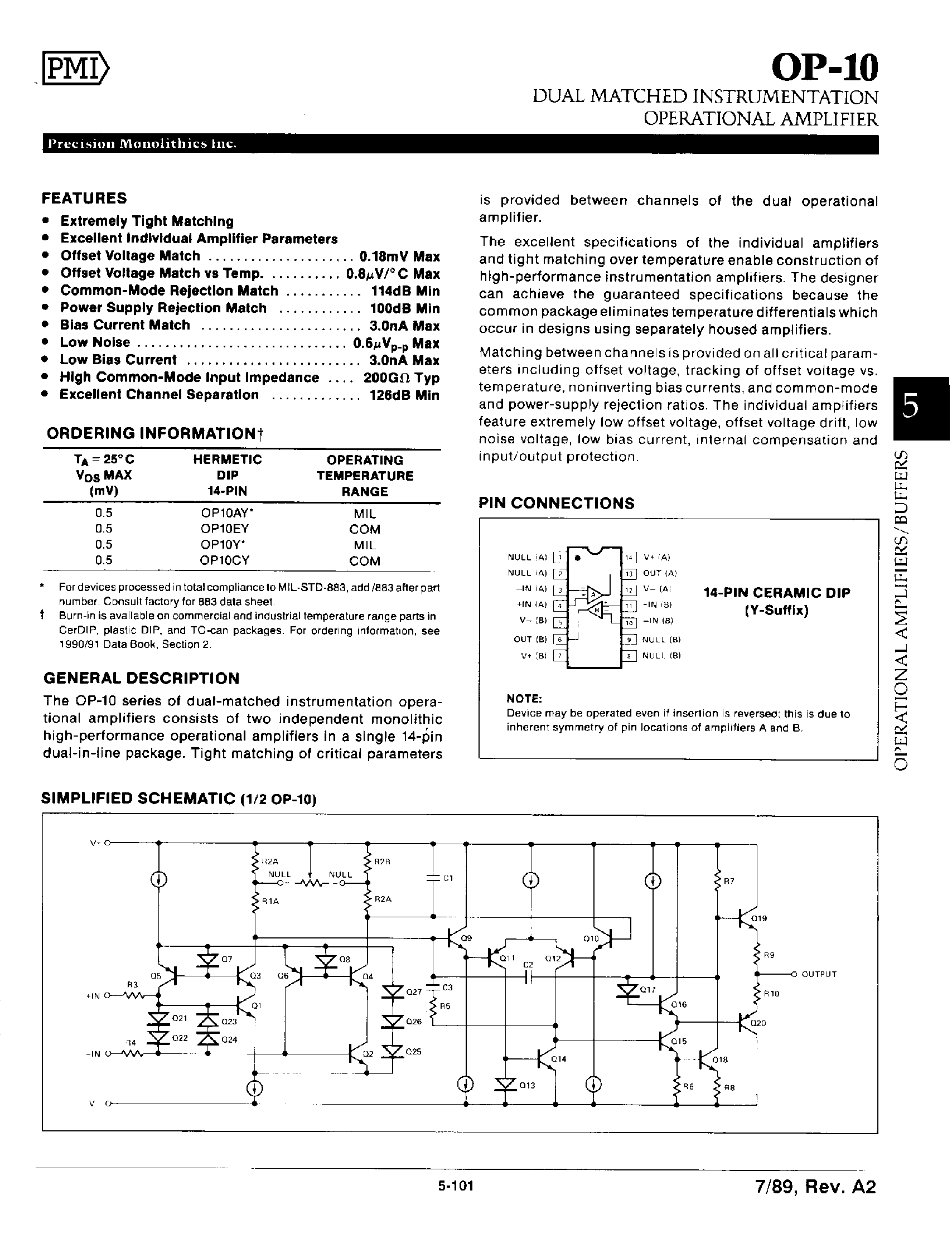 Datasheet OP10 - Dual Matched Instrumentation Operational Amplifier page 1