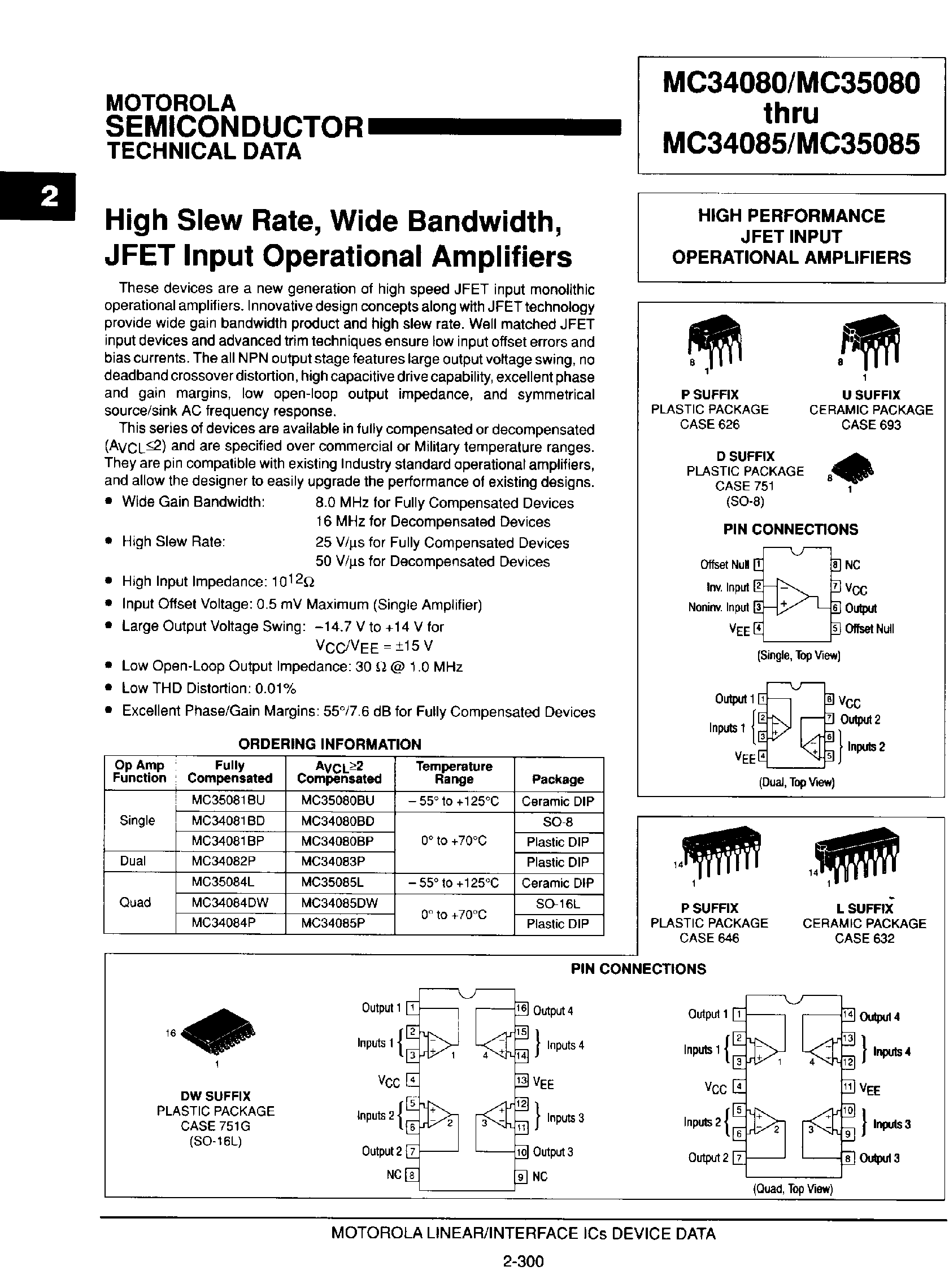Даташит MC35084 - (MC35080 - MC35085) High SPerformance JFET Input Operational Amplifiers страница 1