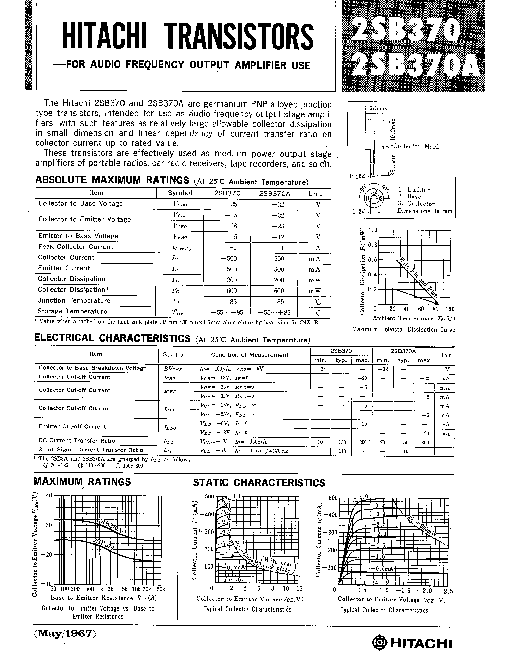 Даташит 2SB370 - TRANSISTORS FOR AUDIO FREQUENCY OUTPUT AMPLIFIER USE страница 1