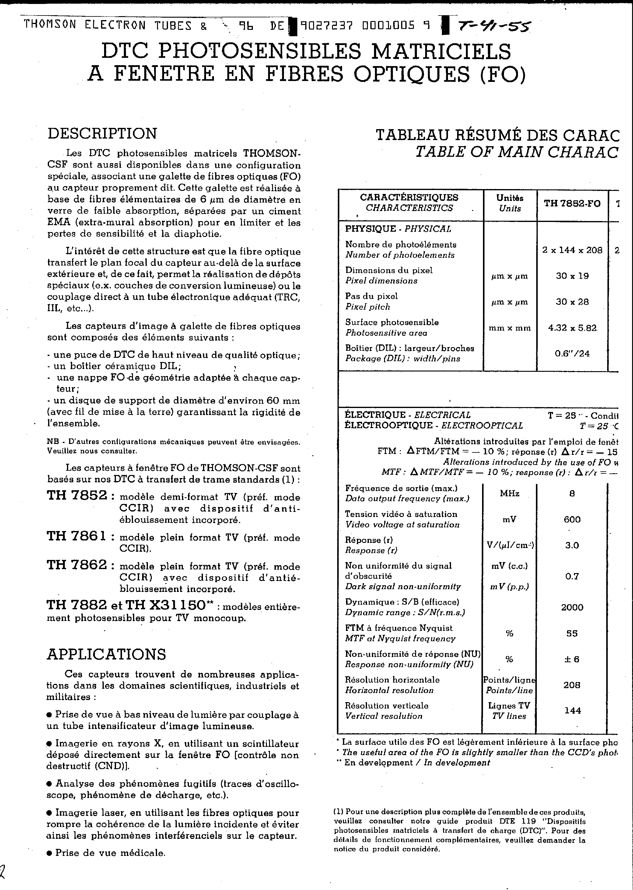 Datasheet TH7861FO - DTC Photosensibles Matriciels a Fenetre en Fibres Optiques page 2