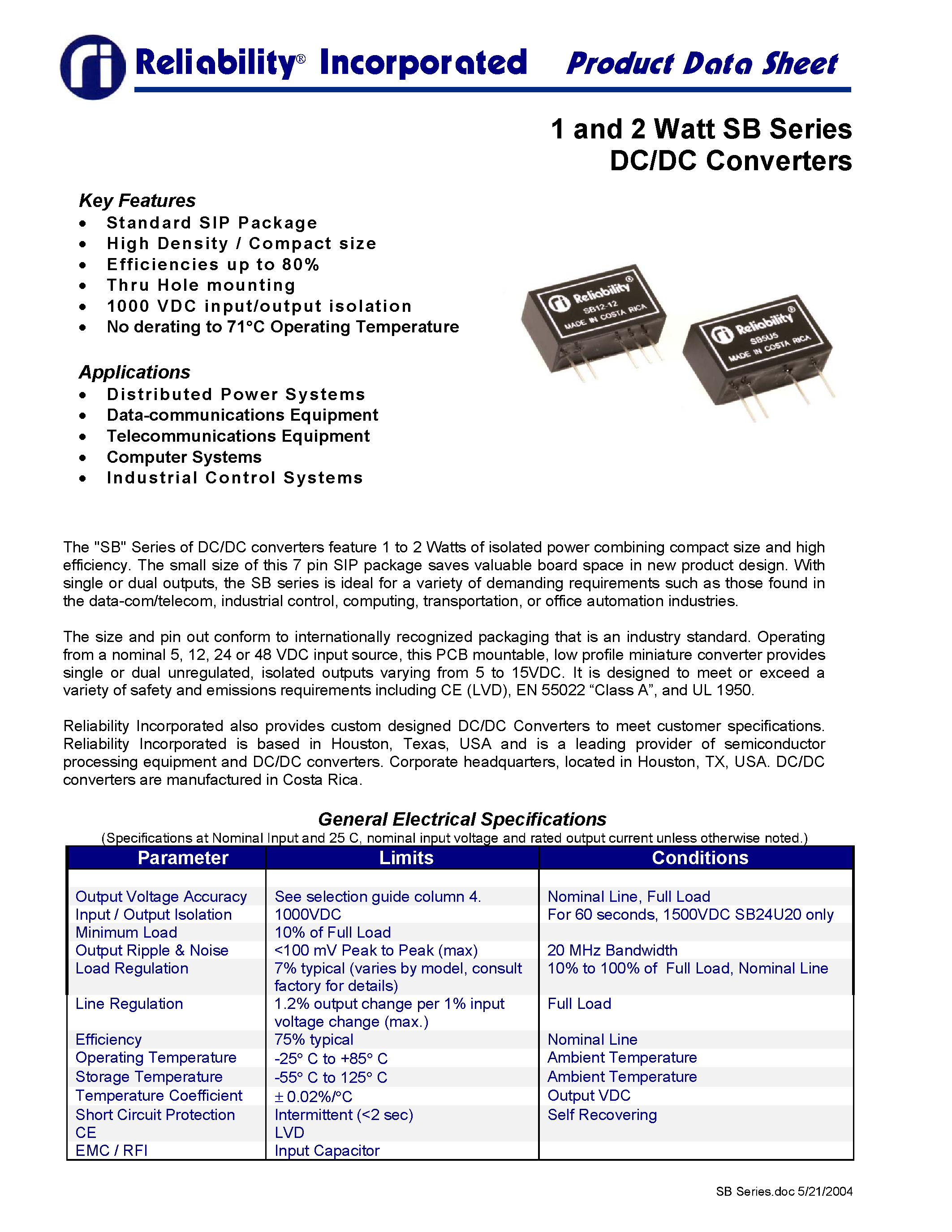 Datasheet 2SB48U9 - 1 and 2 Watt SB Series DC/DC Converters page 1
