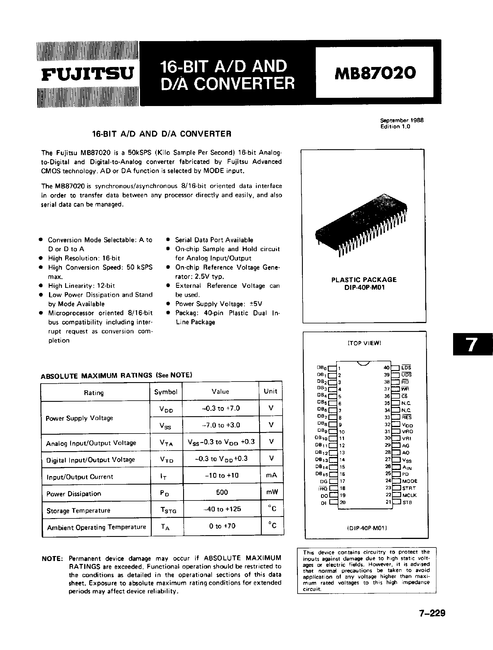 Datasheet MB87020 page 1 Datasheet MB87020 - 16 Bit A/D and D/A Converter page 1
