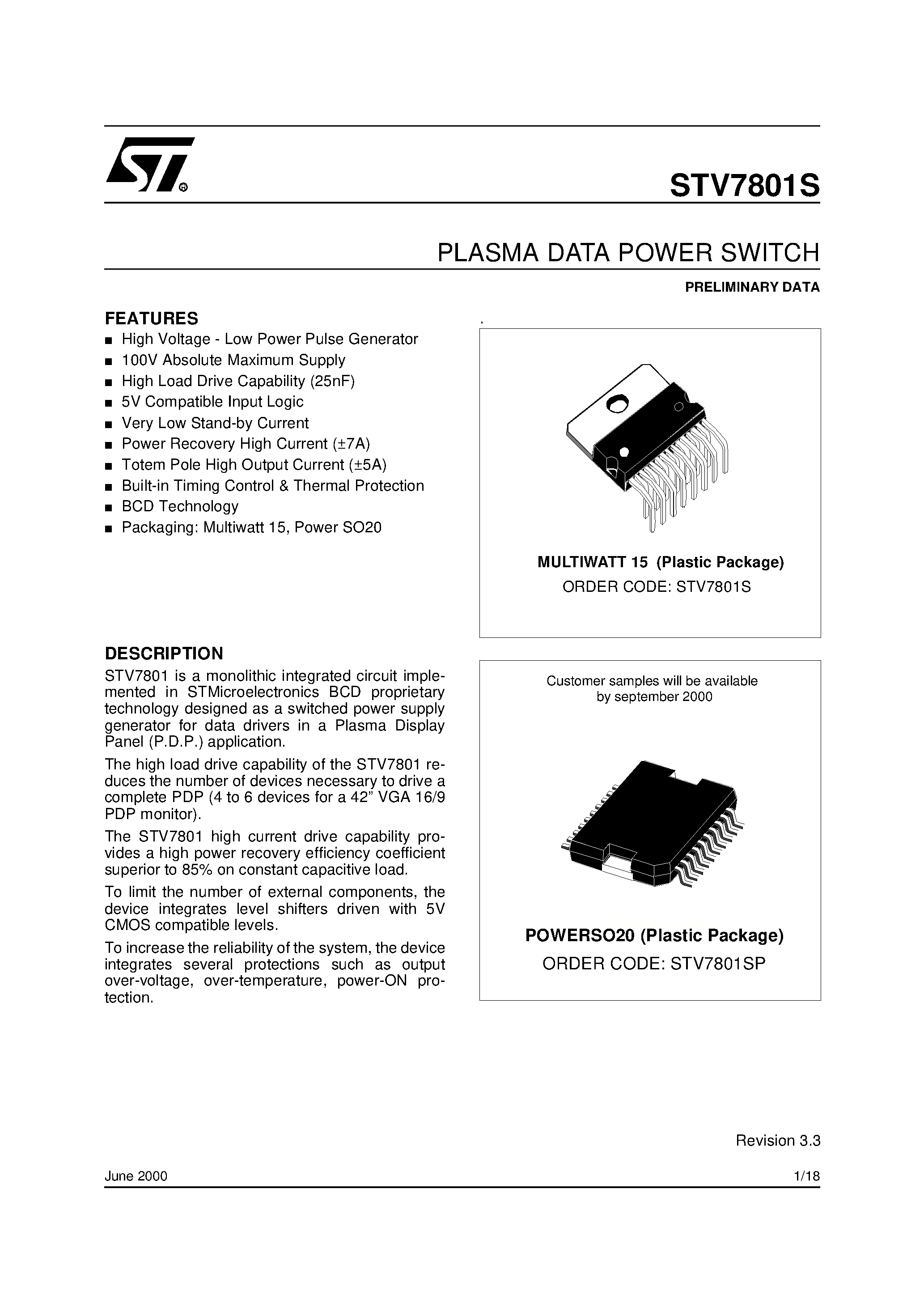 Datasheet STV7801S page 1 Datasheet STV7801S - PLASMA DATA POWER SWITCH page 1