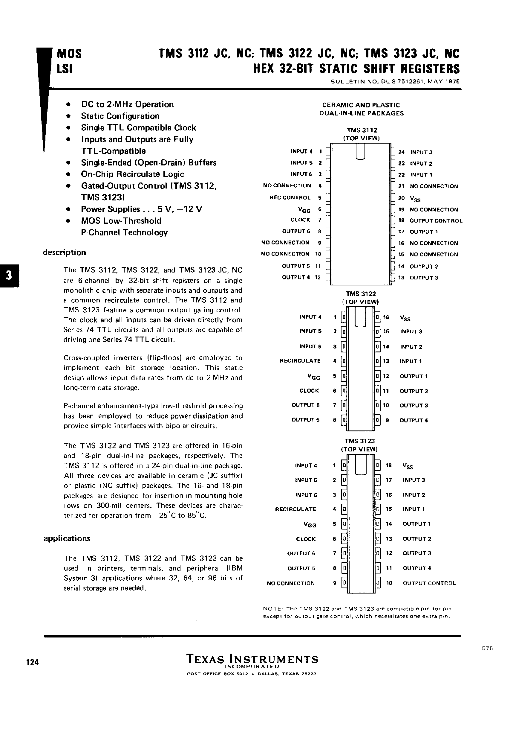 Datasheet TMS3122 - (TMS3123) Hex 32 Bit Static Shift Registers page 1