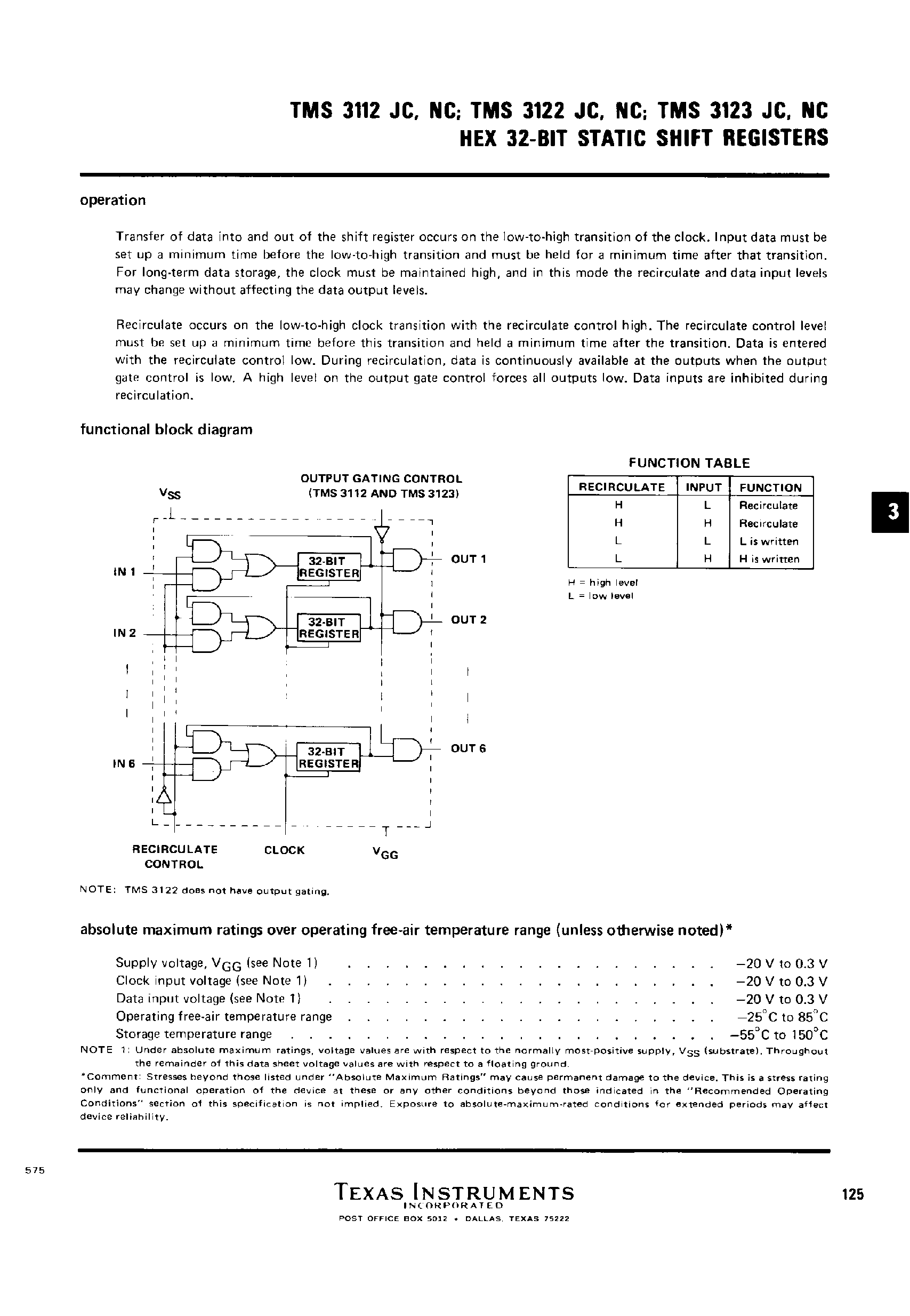 Datasheet TMS3122 - (TMS3123) Hex 32 Bit Static Shift Registers page 2