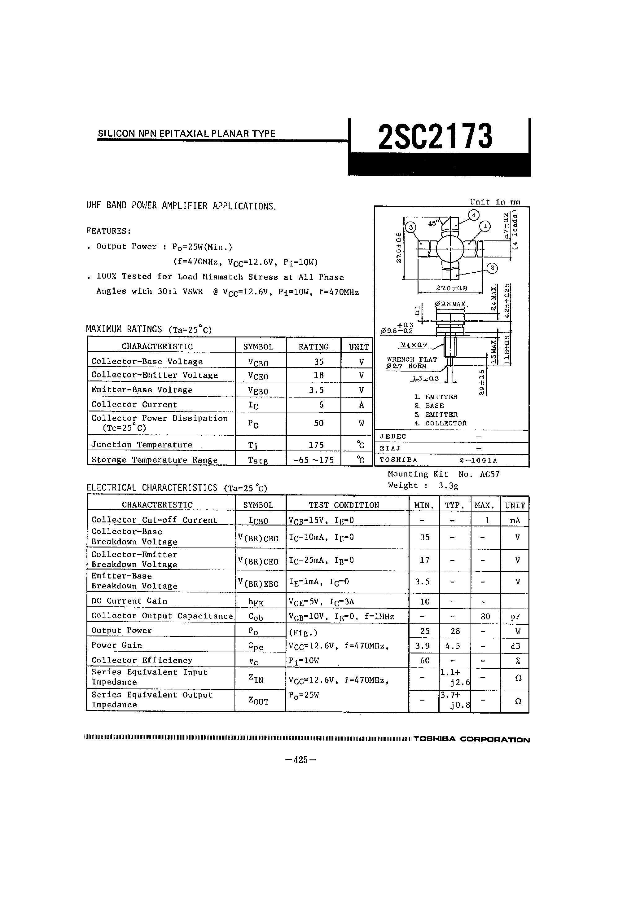Datasheet 2SC2173 page 1 Datasheet 2SC2173 - UHF Band Power Amplifier Applications page 1