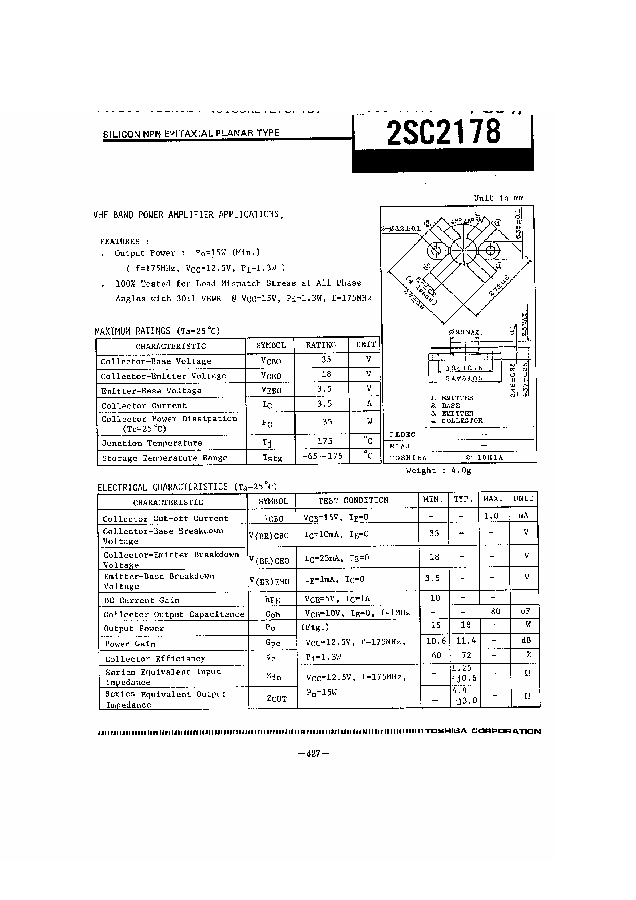Datasheet 2SC2178 page 1 Datasheet 2SC2178 - VHF Band Power Amplifier Applications page 1
