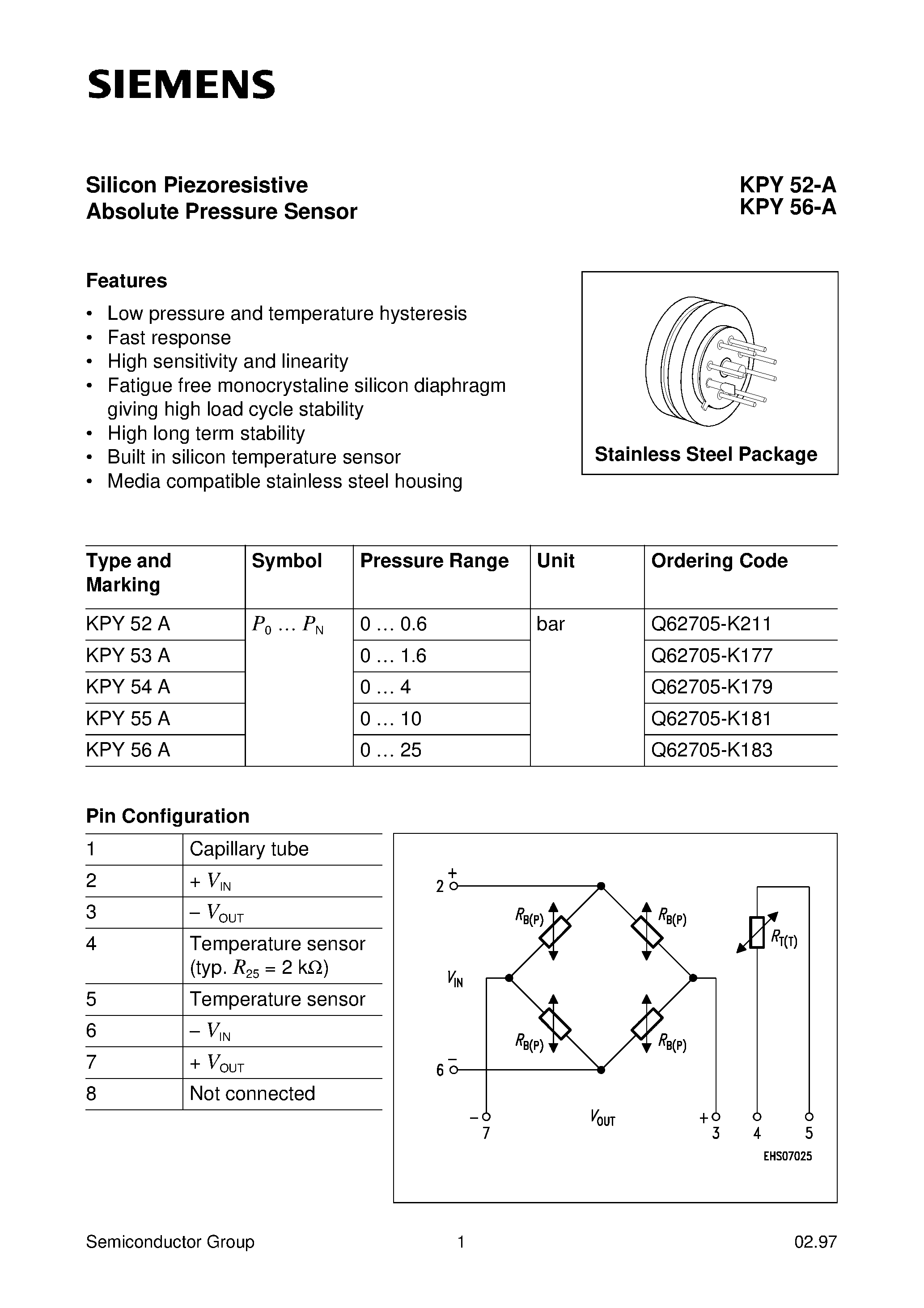Datasheet KPY52-A page 1 Datasheet KPY52-A - (KPY52-A - KPY56-A) Silicon Piezoresistive Absolute Pressure Sensor page 1