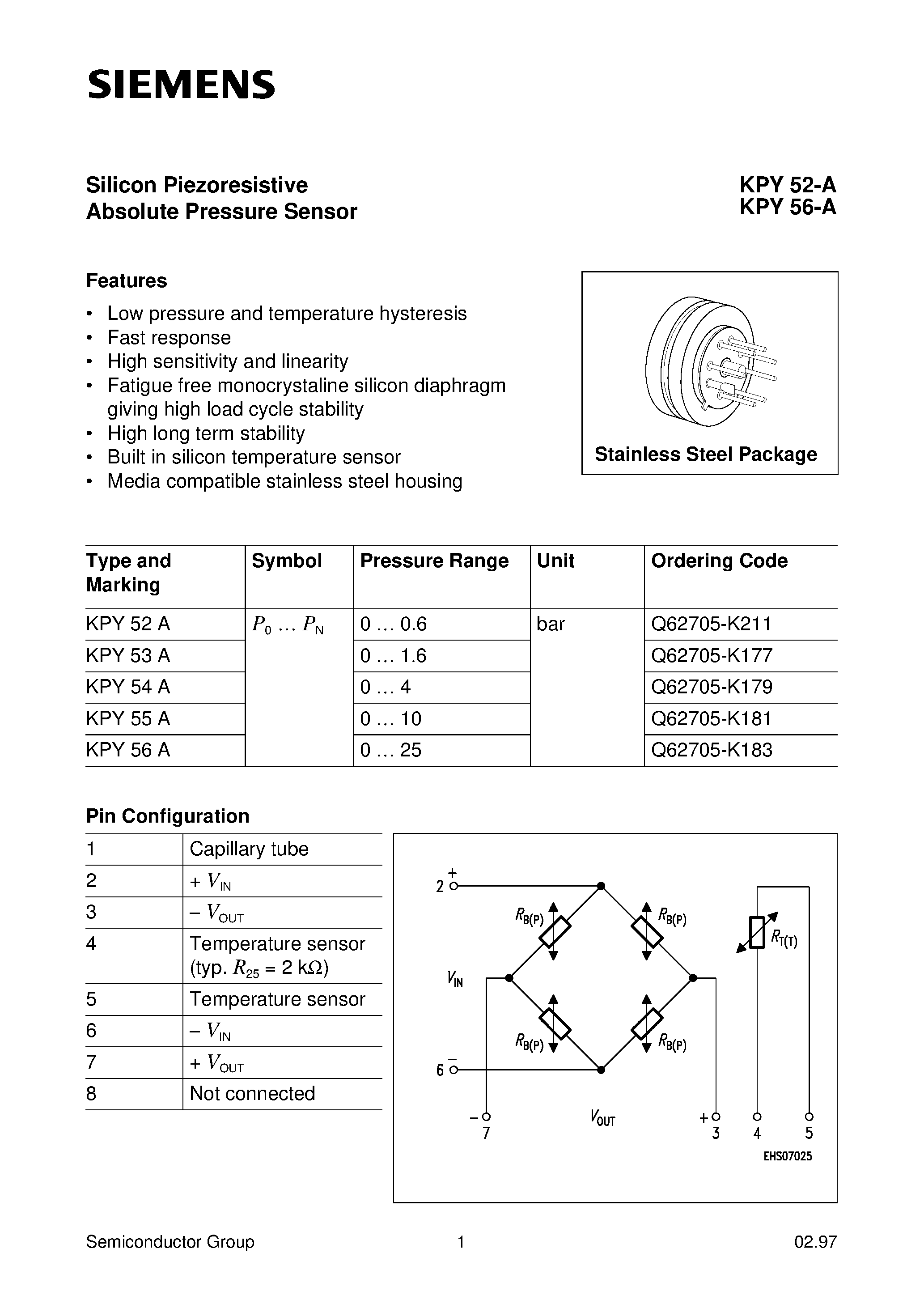 Даташит KPY52-A - (KPY52-A - KPY56-A) Silicon Piezoresistive Absolute Pressure Sensor страница 1
