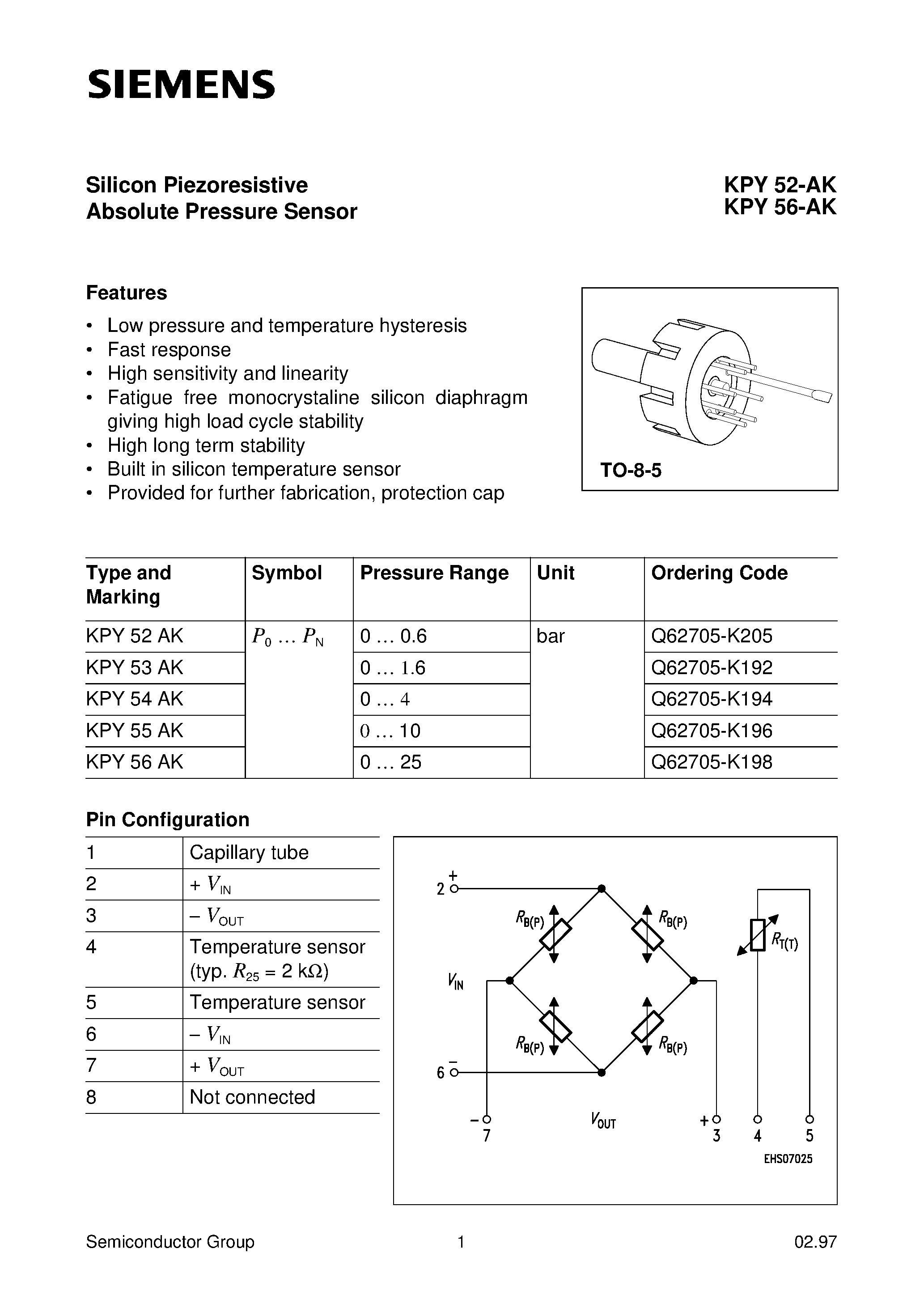Datasheet KPY52-AK - (KPY52-A - KPY56-A) Silicon Piezoresistive Absolute Pressure Sensor page 1