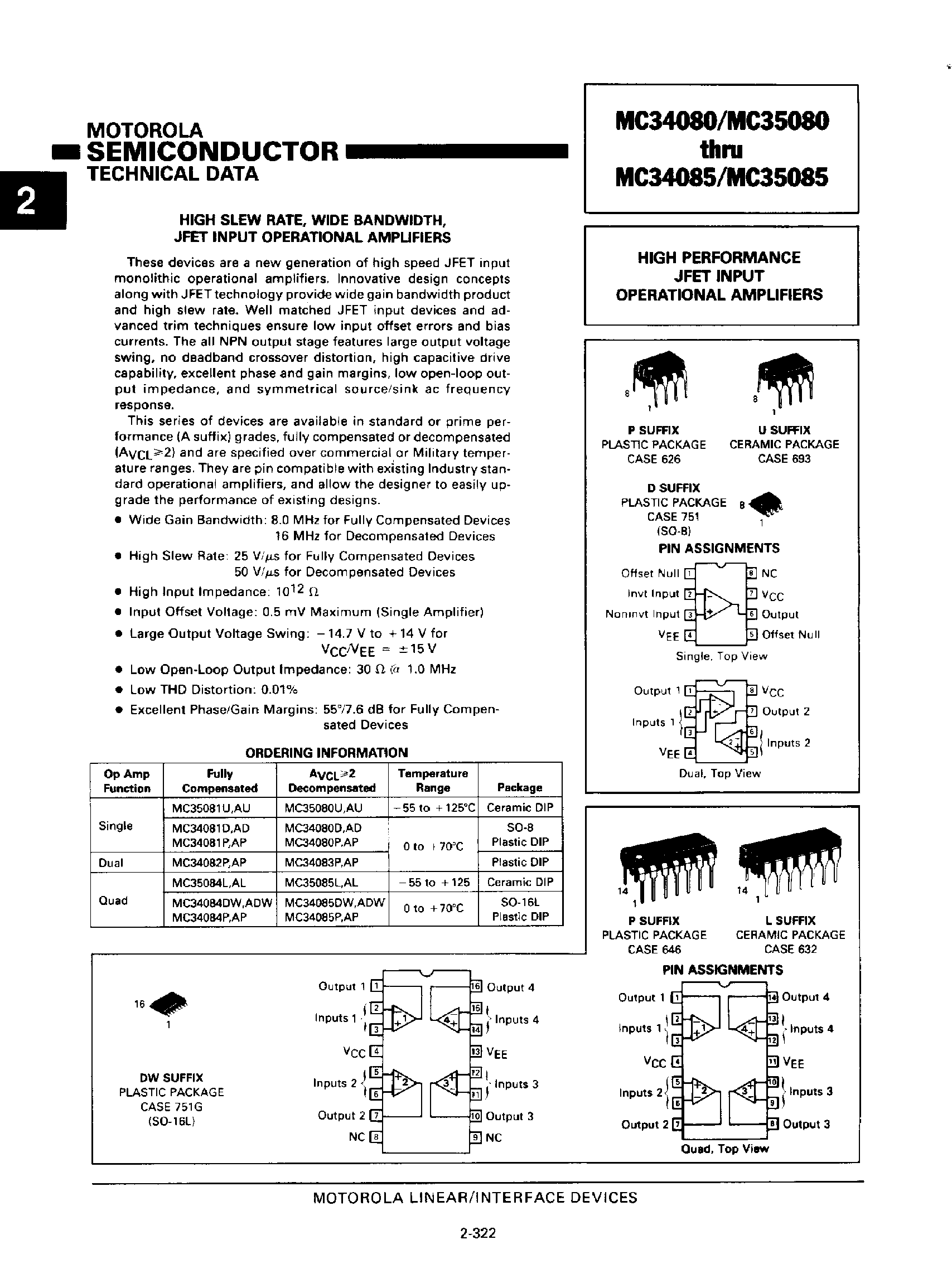 Даташит MC35080 - (MC35080 - MC35085) High Performance JFET Input Operational Amplifiers страница 1
