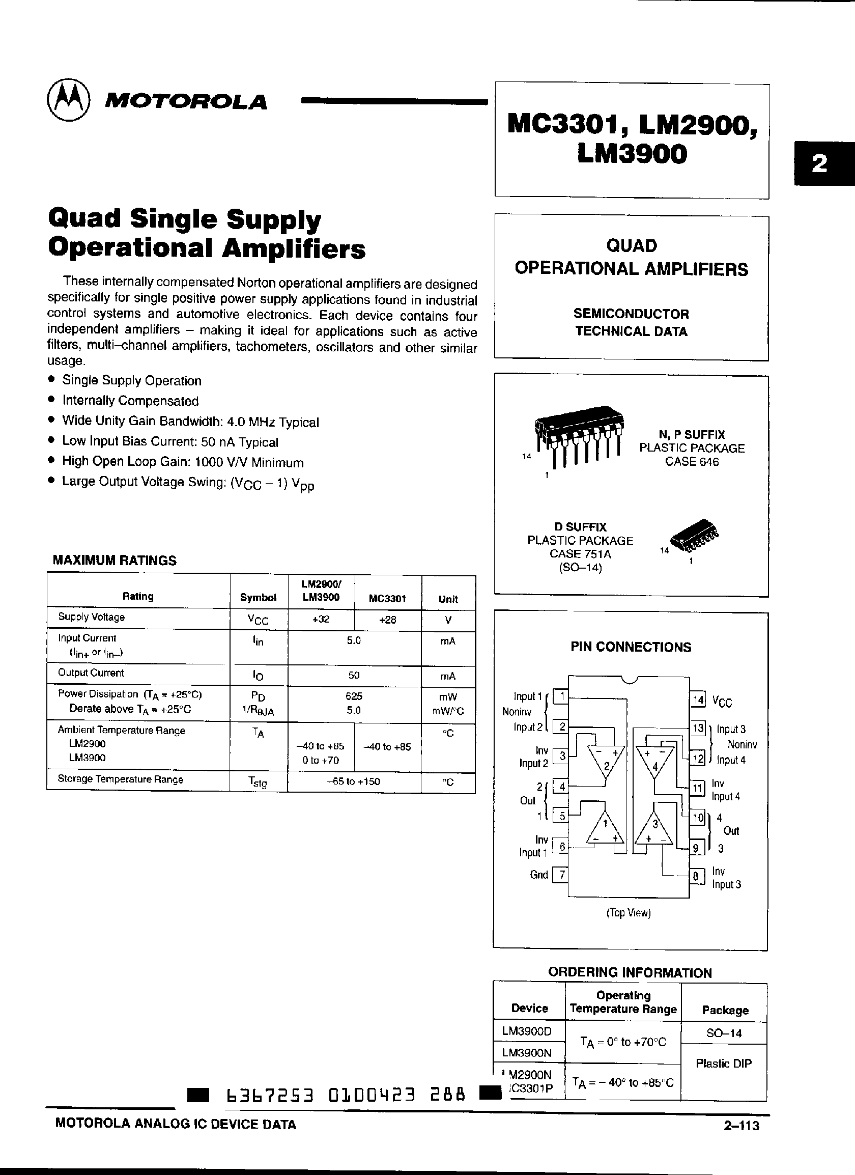 Даташит MC3301 - Quad Operational Amplifiers страница 1