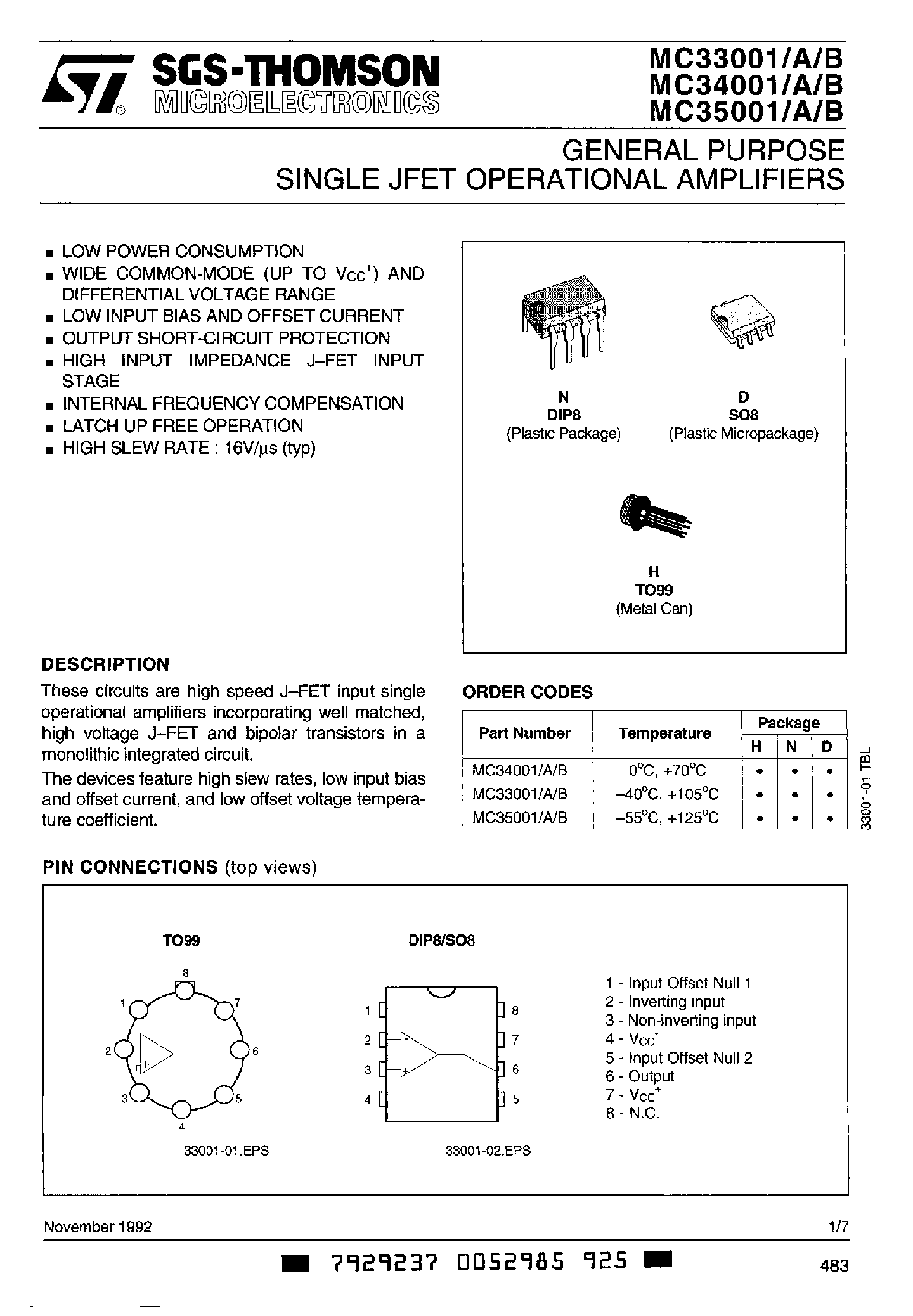 Datasheet MC35001 page 1 Datasheet MC35001 - General Pupose Single JFET Operational Amplifiers page 1
