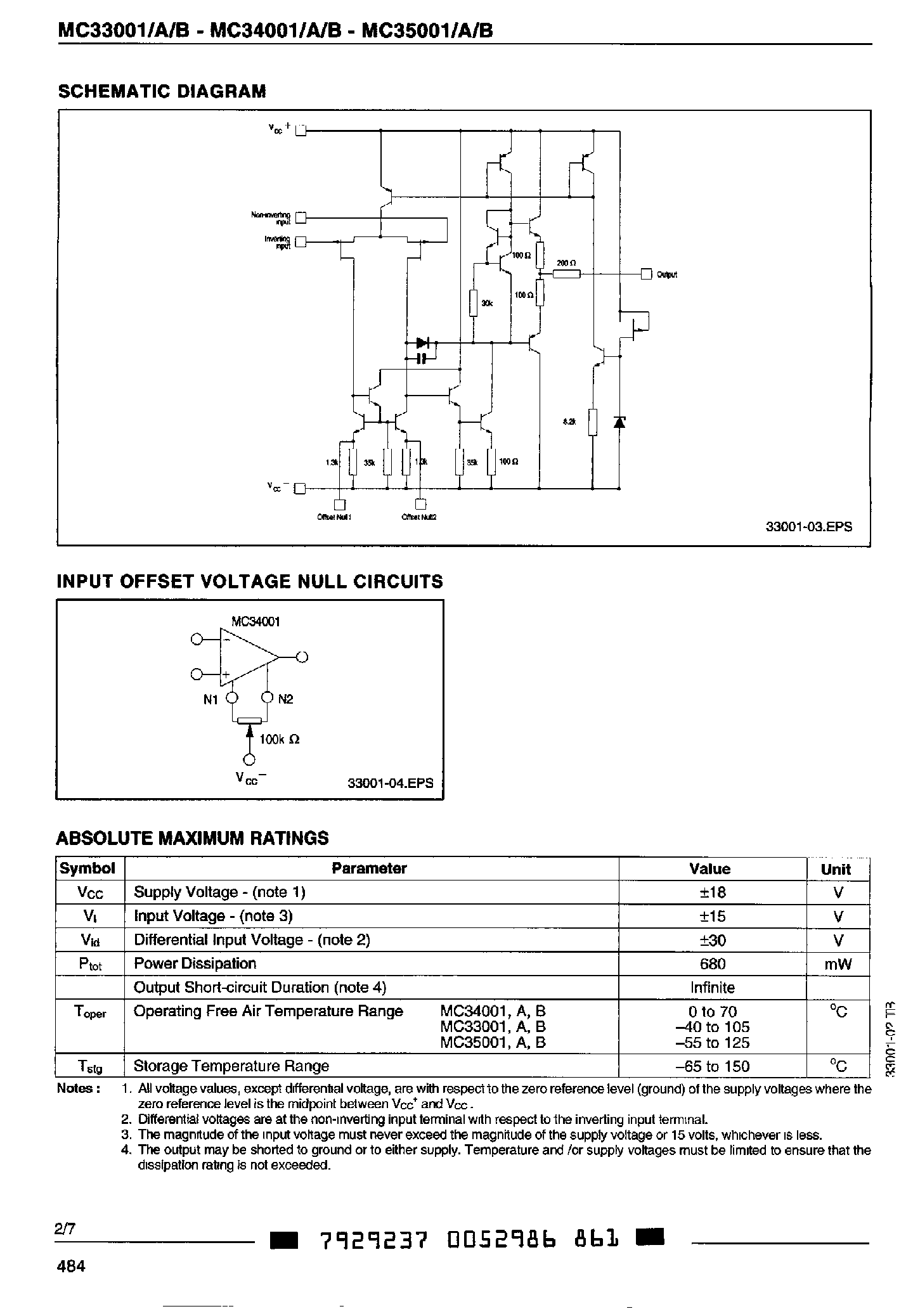 Datasheet MC35001 page 2 Datasheet MC35001 - General Pupose Single JFET Operational Amplifiers page 2