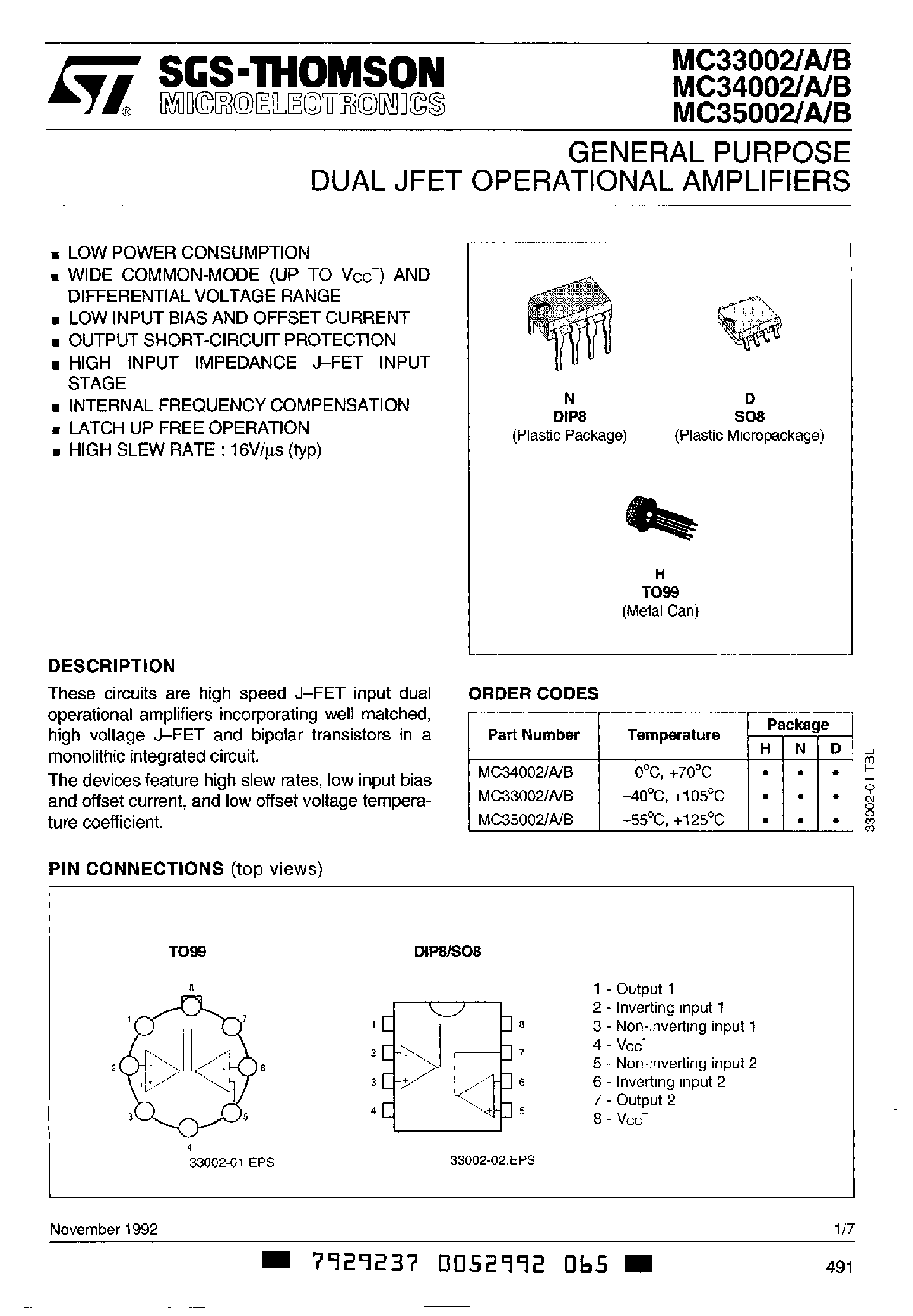 Datasheet MC35002 page 1 Datasheet MC35002 - General Pupose Dual JFET Operational Amplifiers page 1