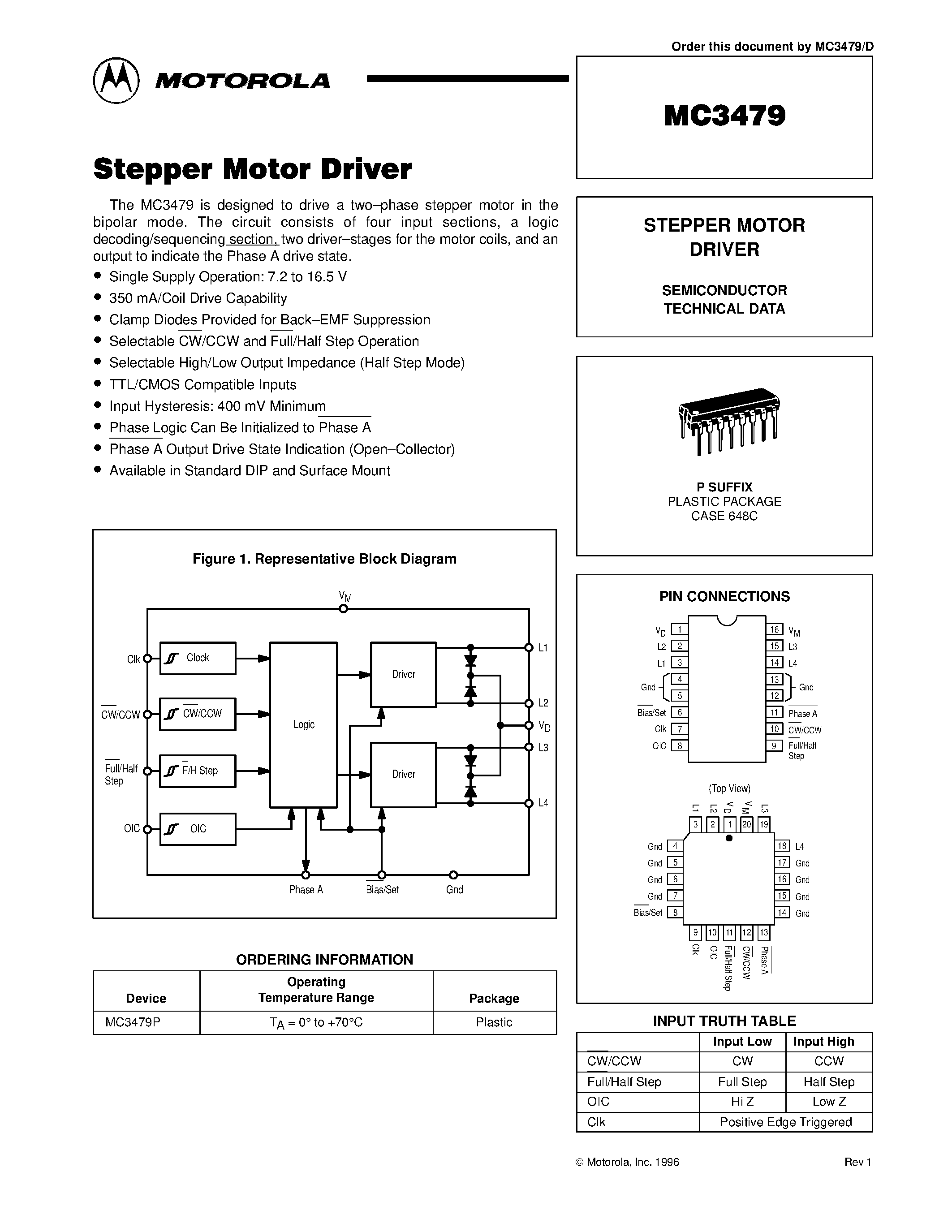 Datasheet MC3479 page 1 Datasheet MC3479 - STEPPER MOTOR DRIVER page 1