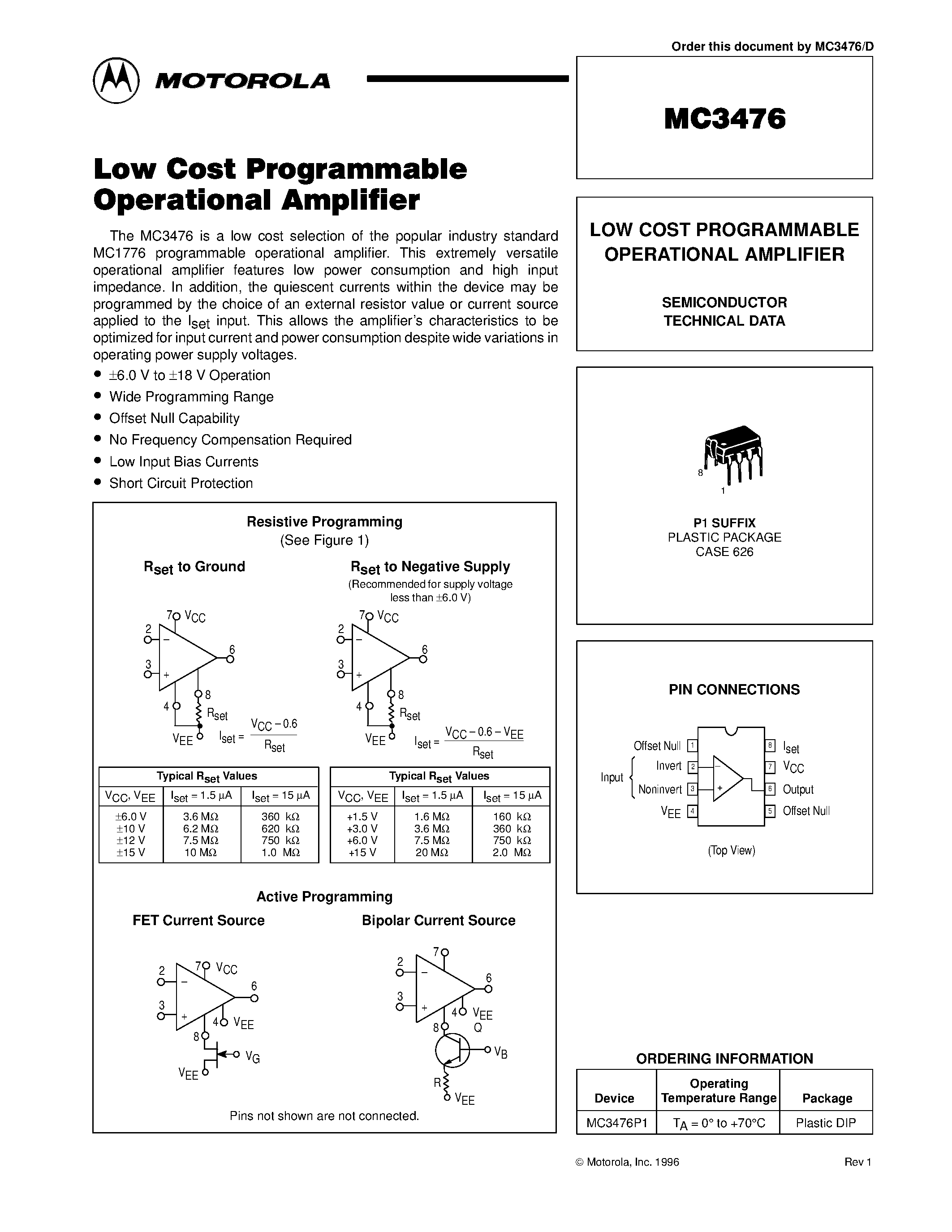 Datasheet MC3476 page 1 Datasheet MC3476 - LOW COST PROGRAMMABLE OPERATIONAL AMPLIFIER page 1