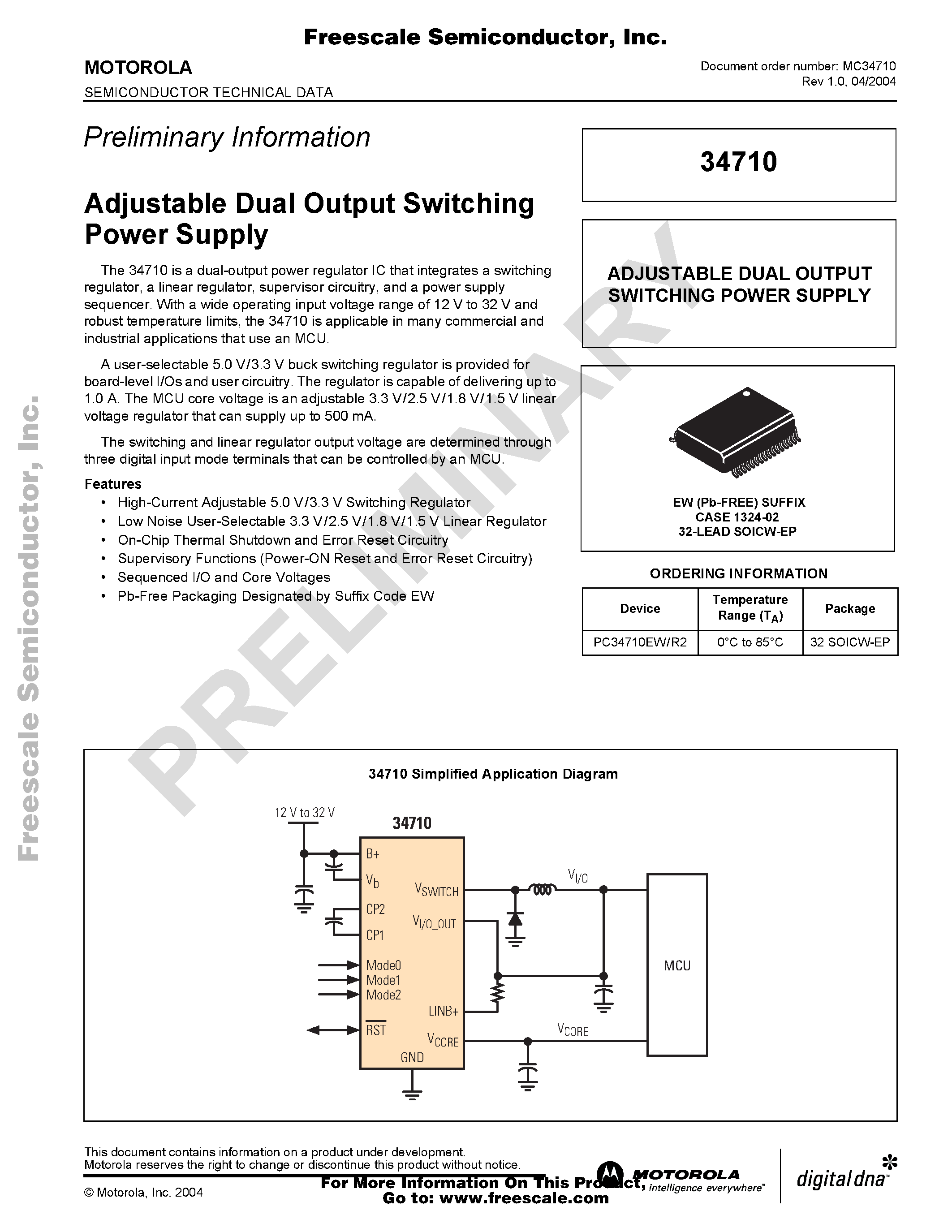 Datasheet MC34710 page 1 Datasheet MC34710 - Adjustable Dual Output Switching Power Supply page 1