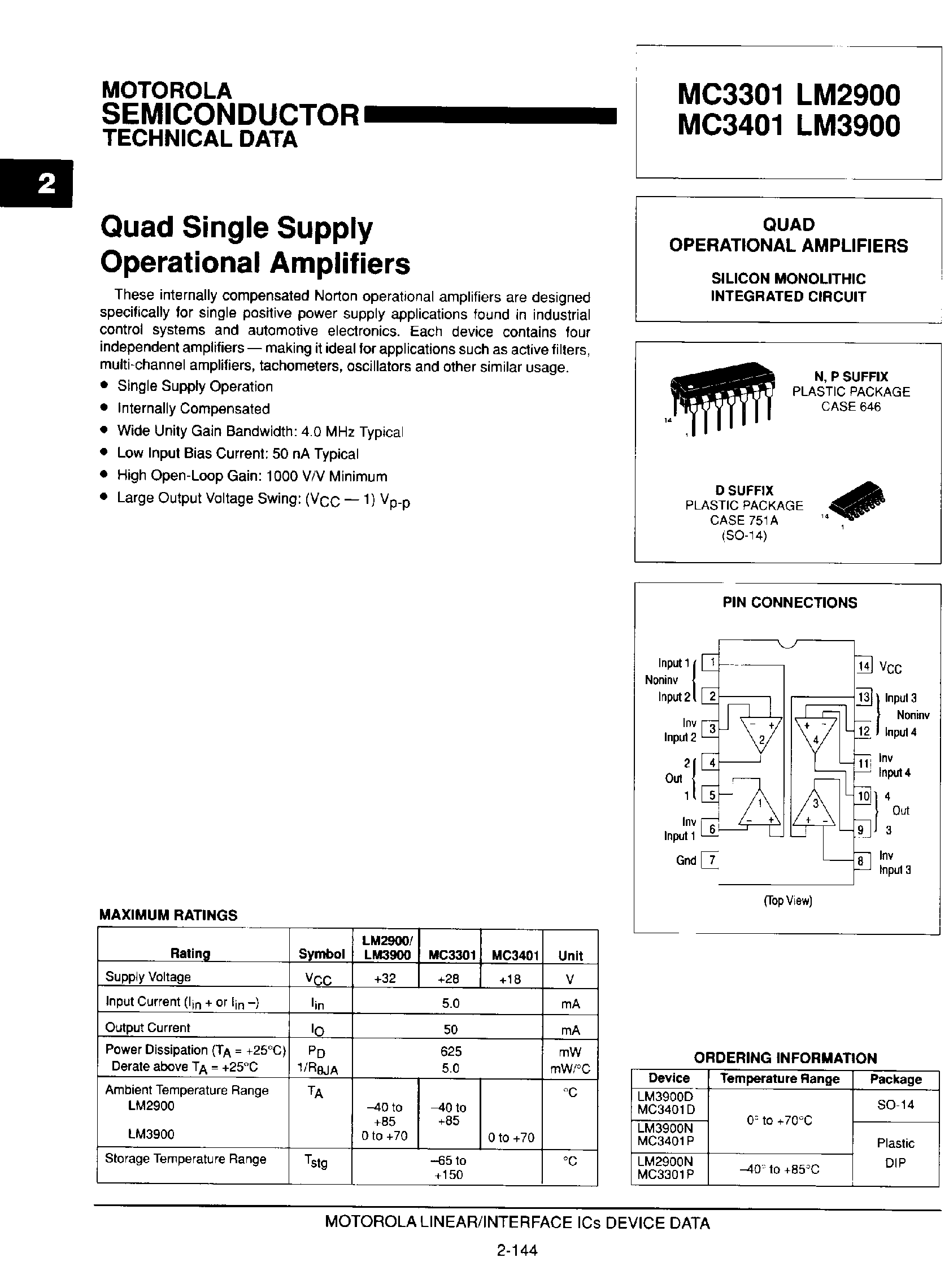 Datasheet MC3401 page 1 Datasheet MC3401 - Quad Operational Amplifiers page 1