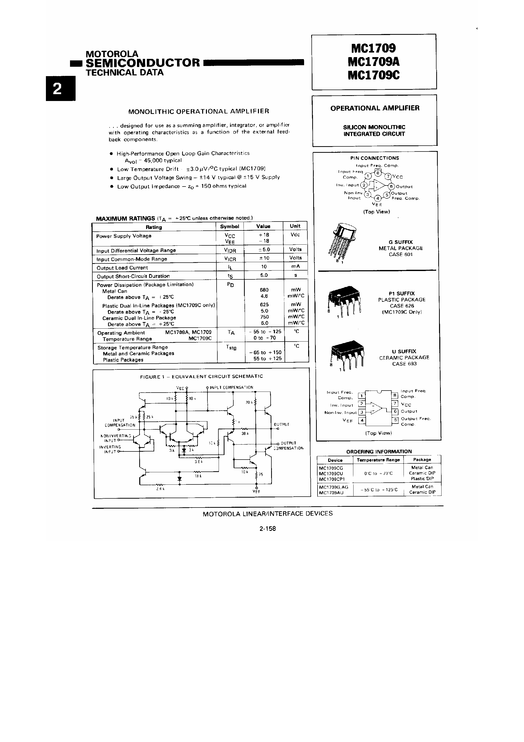 Даташит на микросхему MC1709 страница 1 Даташит MC1709 - Operational Amplifier страница 1
