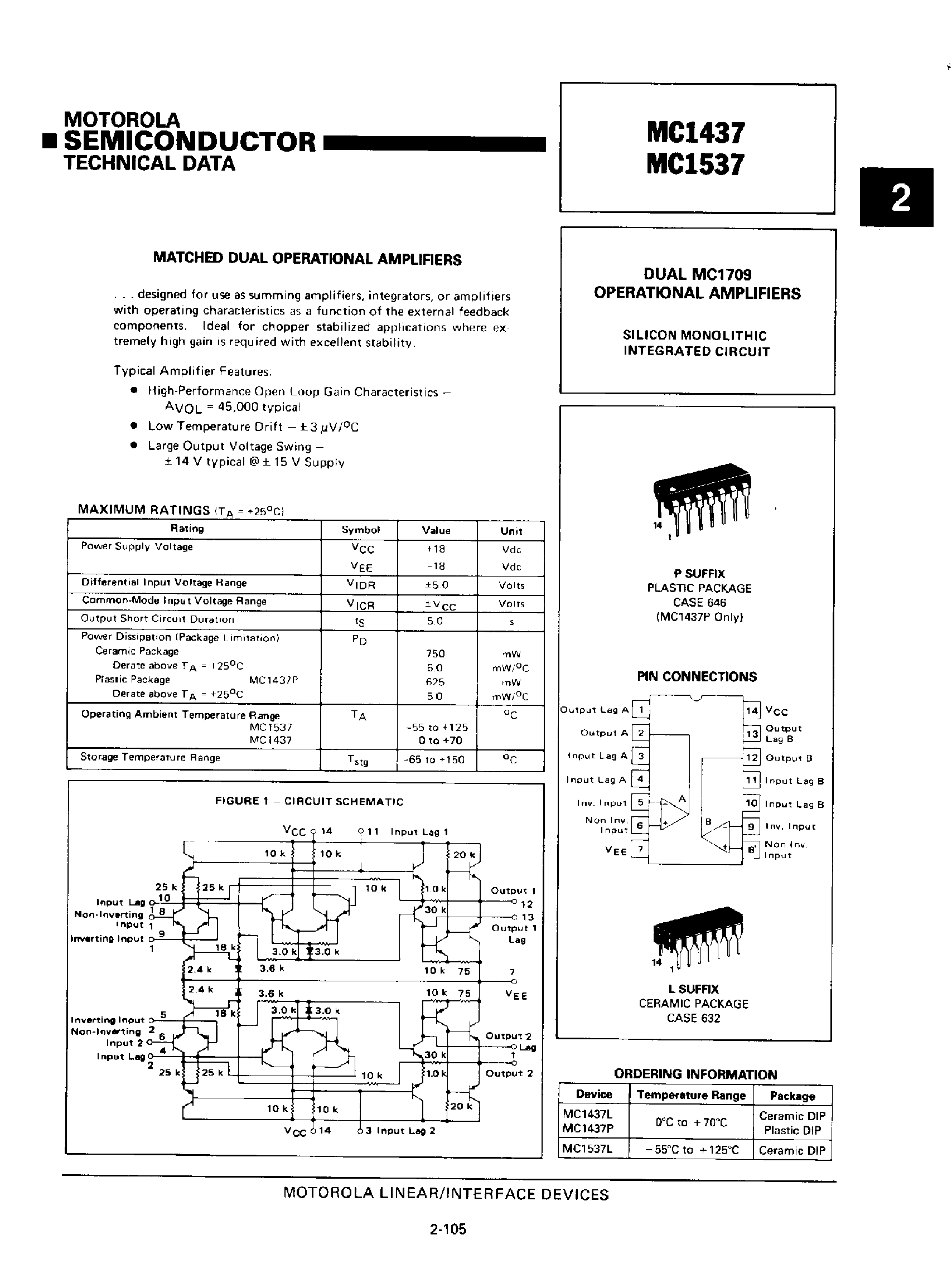 Даташит MC1537 - Dual MC1709 Operational Amplifiers страница 1