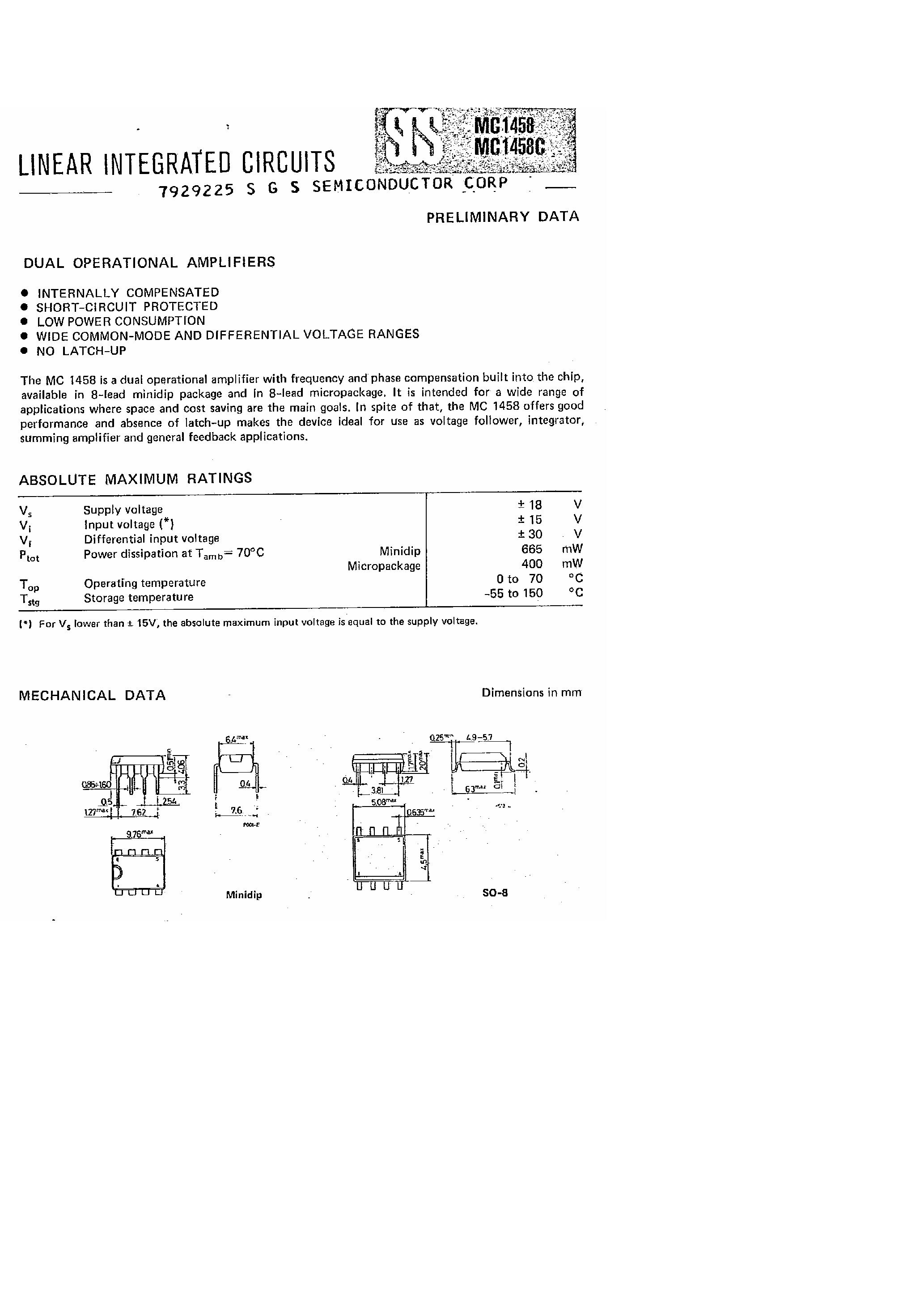 Datasheet MC1458 - Dual Operational Amplifiers page 1