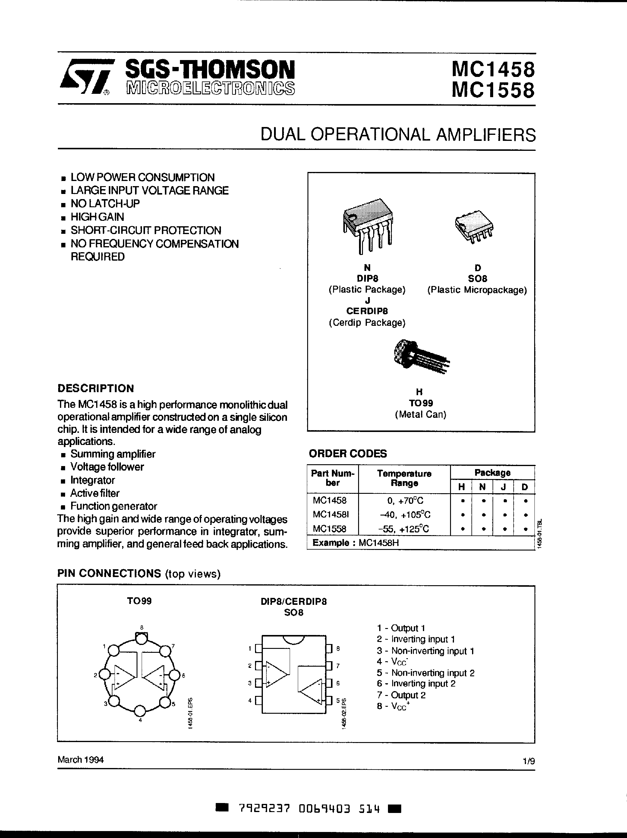 Datasheet MC1458 page 1 Datasheet MC1458 - Dual Operational Amplifiers page 1