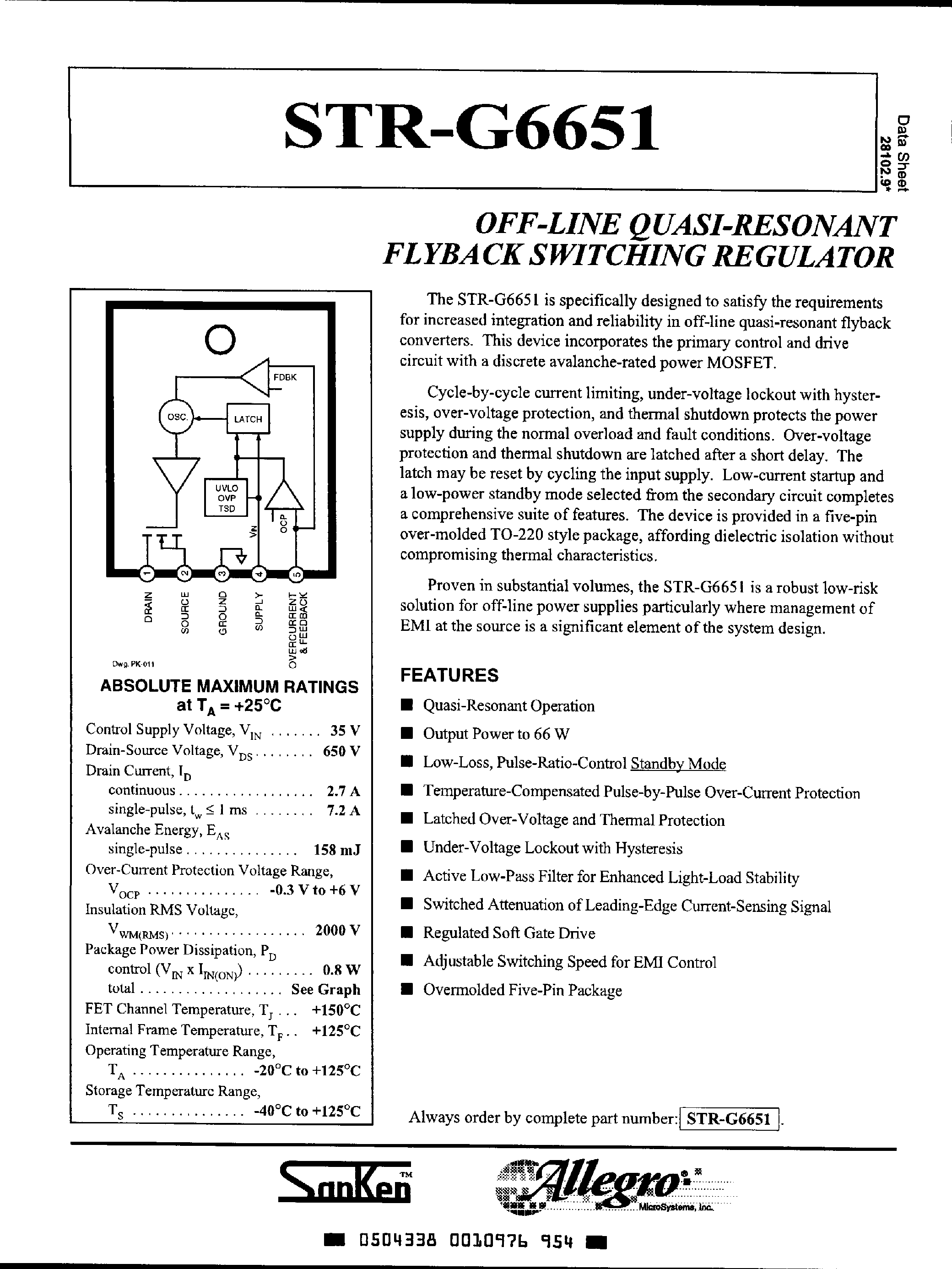 Datasheet STRG6651 page 1 Datasheet STRG6651 - (STR-G6651) Off Line Quasi Resonant Flayback Switching Regulator page 1