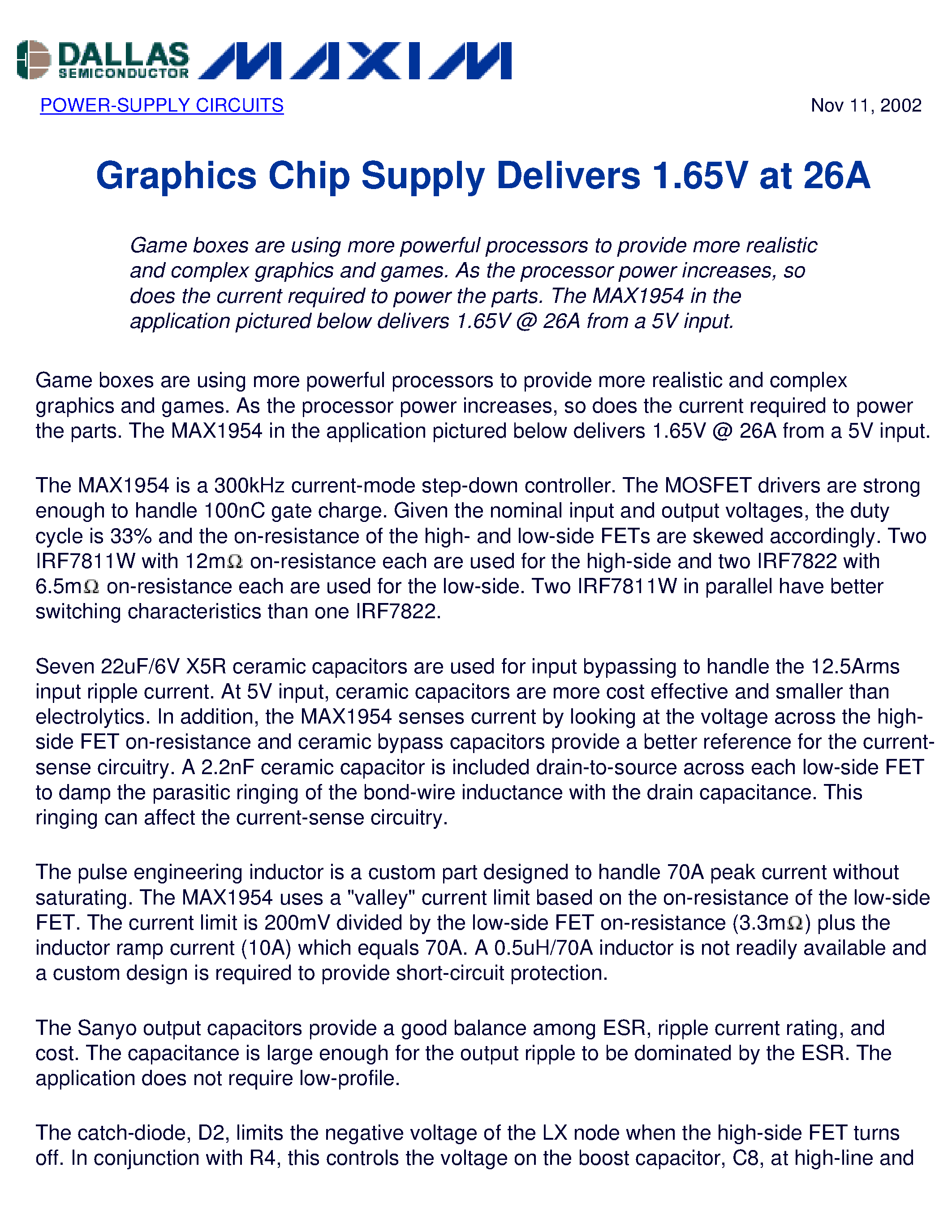 Datasheet AN1781 - Graphics Chip Supply Delivers 1.65V at 26A page 1