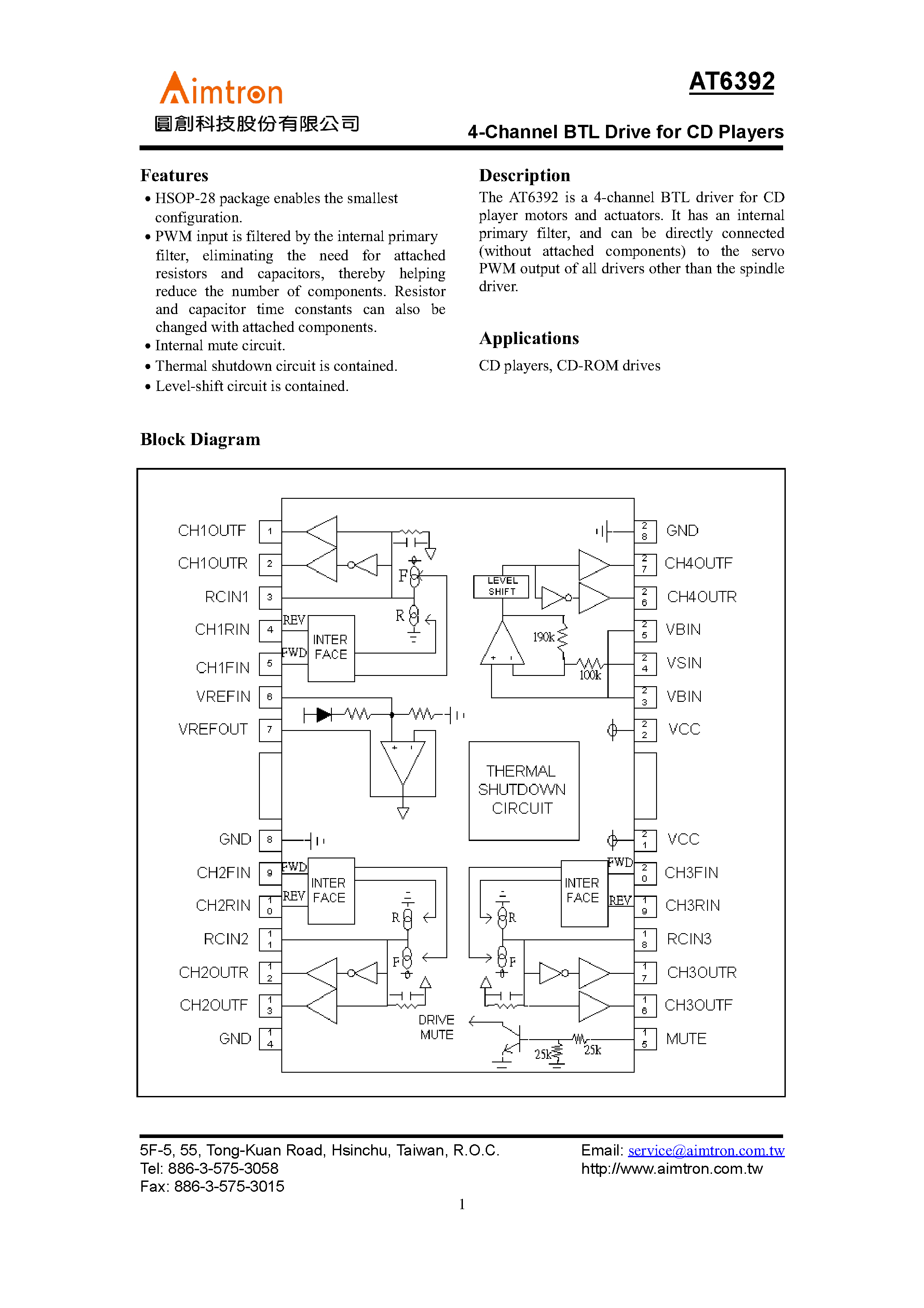 Datasheet AT6392 - 4 Channel BTL Drive for CD Players page 1