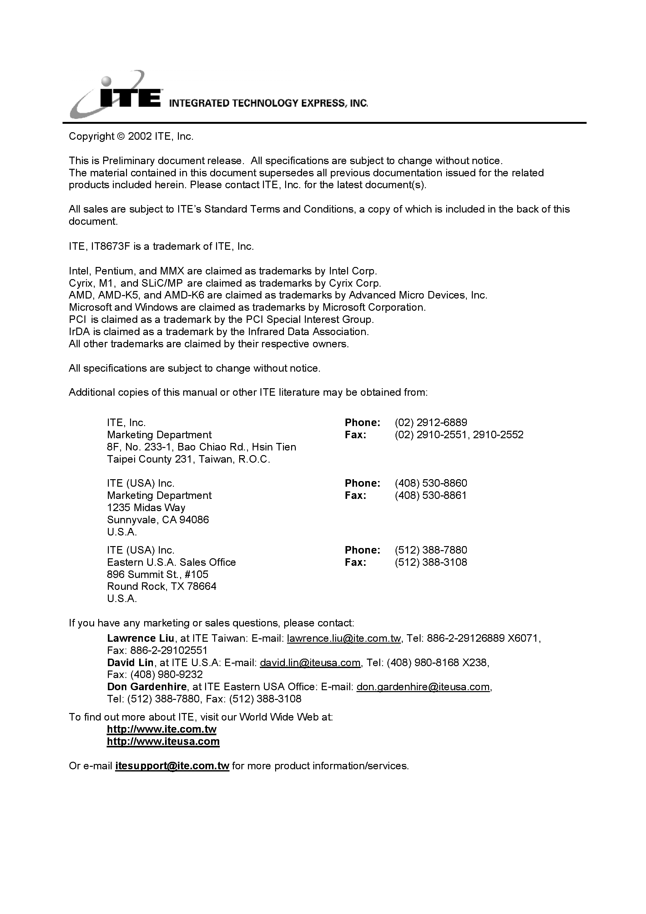Datasheet IT8673F - Advanced Isa I/o page 2