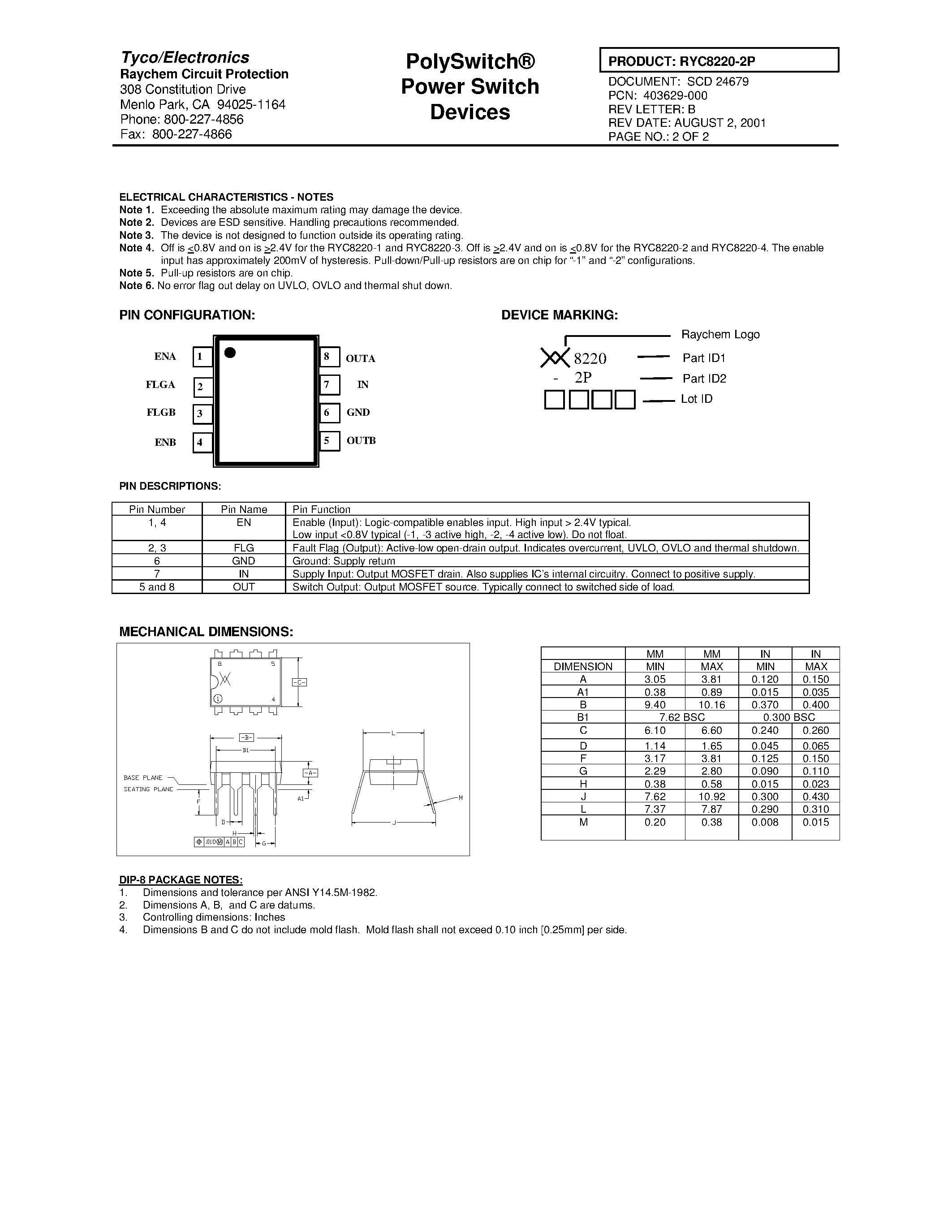 Даташит RYC8220-2P - Poly Switch Power Switch Devices страница 2