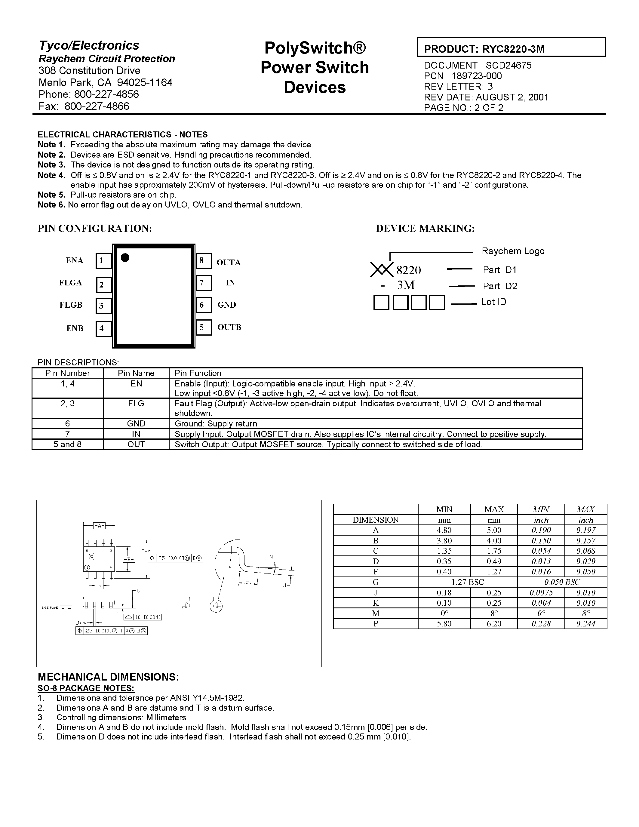 Даташит RYC8220-3M - Poly Switch Power Switch Devices страница 2