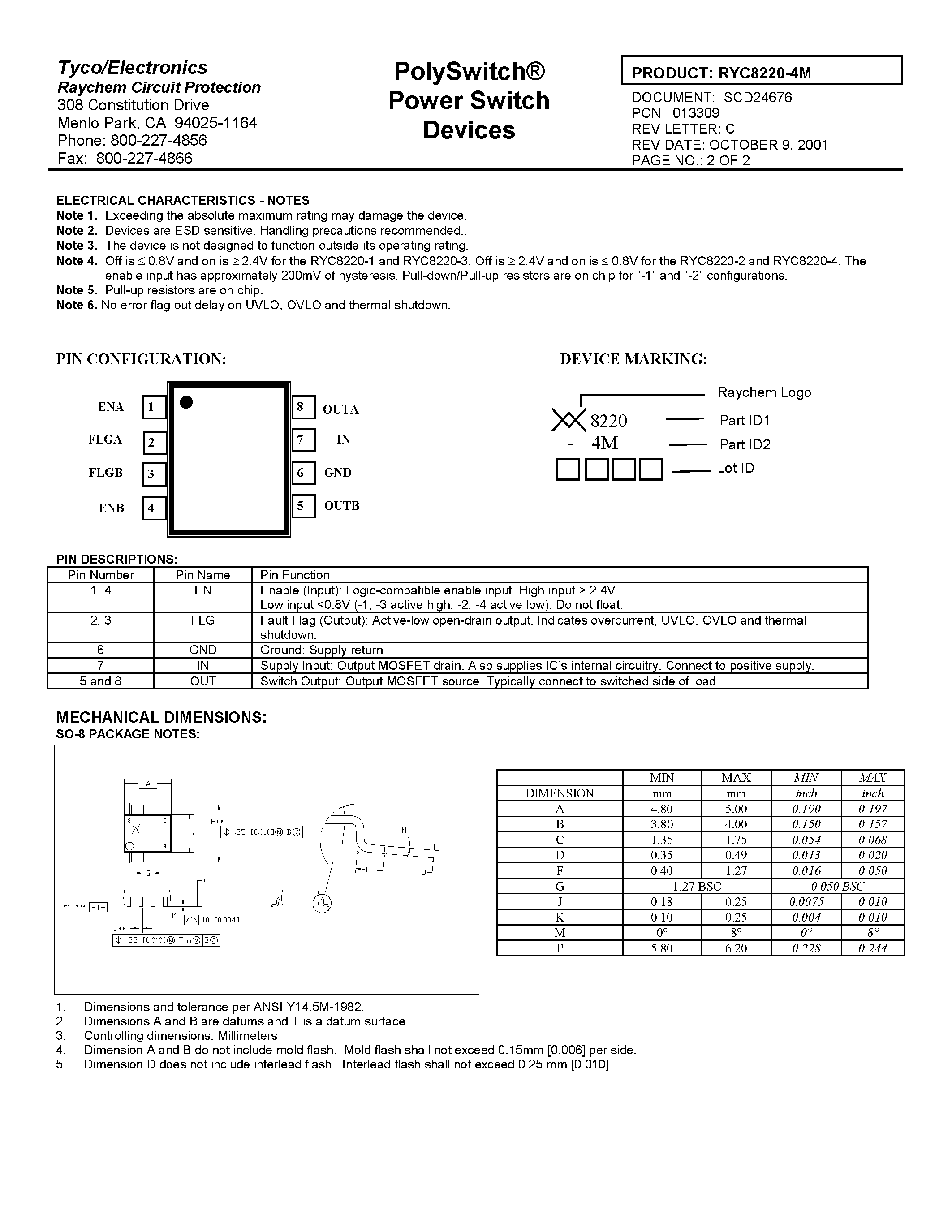 Даташит RYC8220-4M - Poly Switch Power Switch Devices страница 2